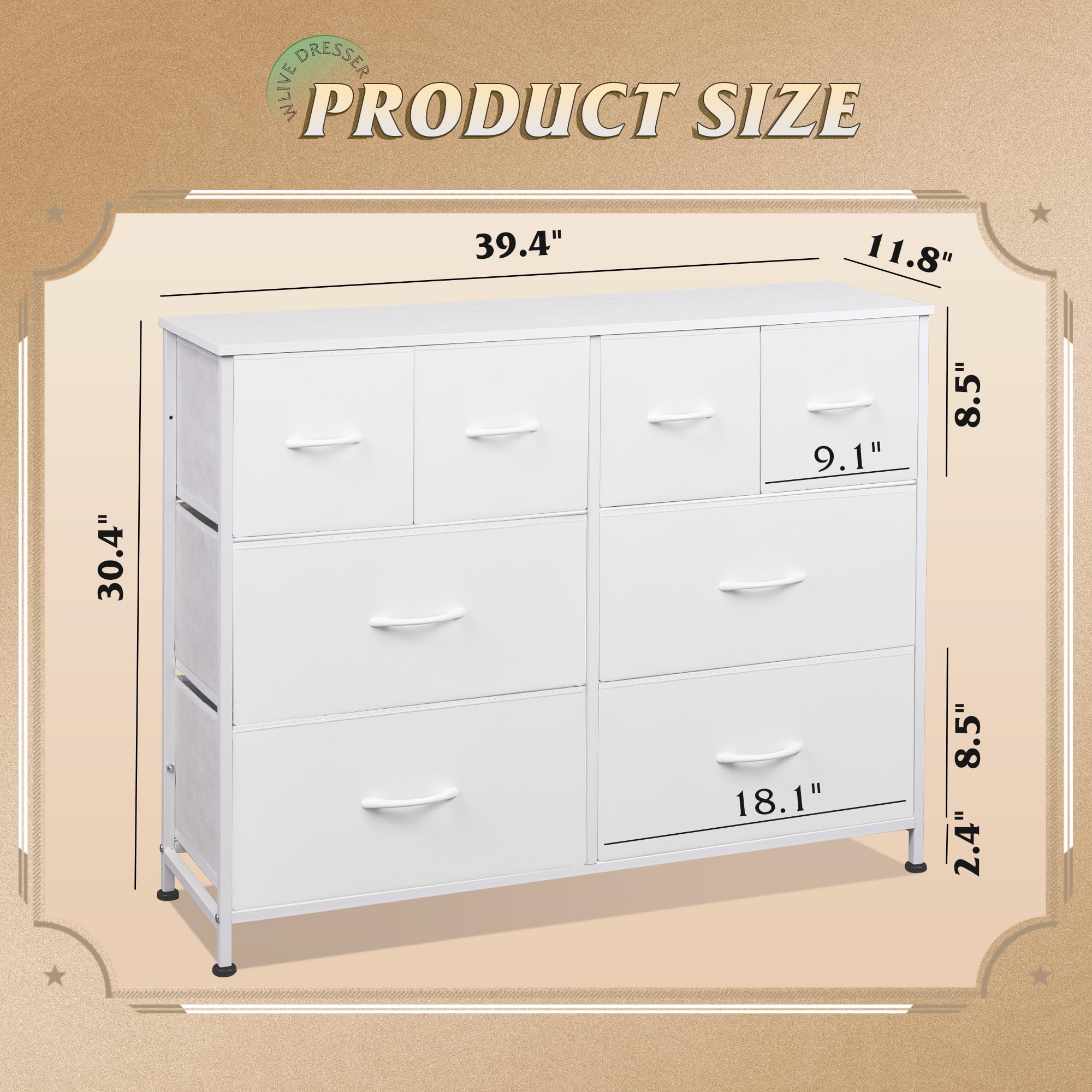 Wlive Dresser For Bedroom With 8 Drawers, Wide Fabric Dresser For Storage And Organization, Bedroom Dresser, Chest Of Drawers For Living Room, Closet, Hallway, White