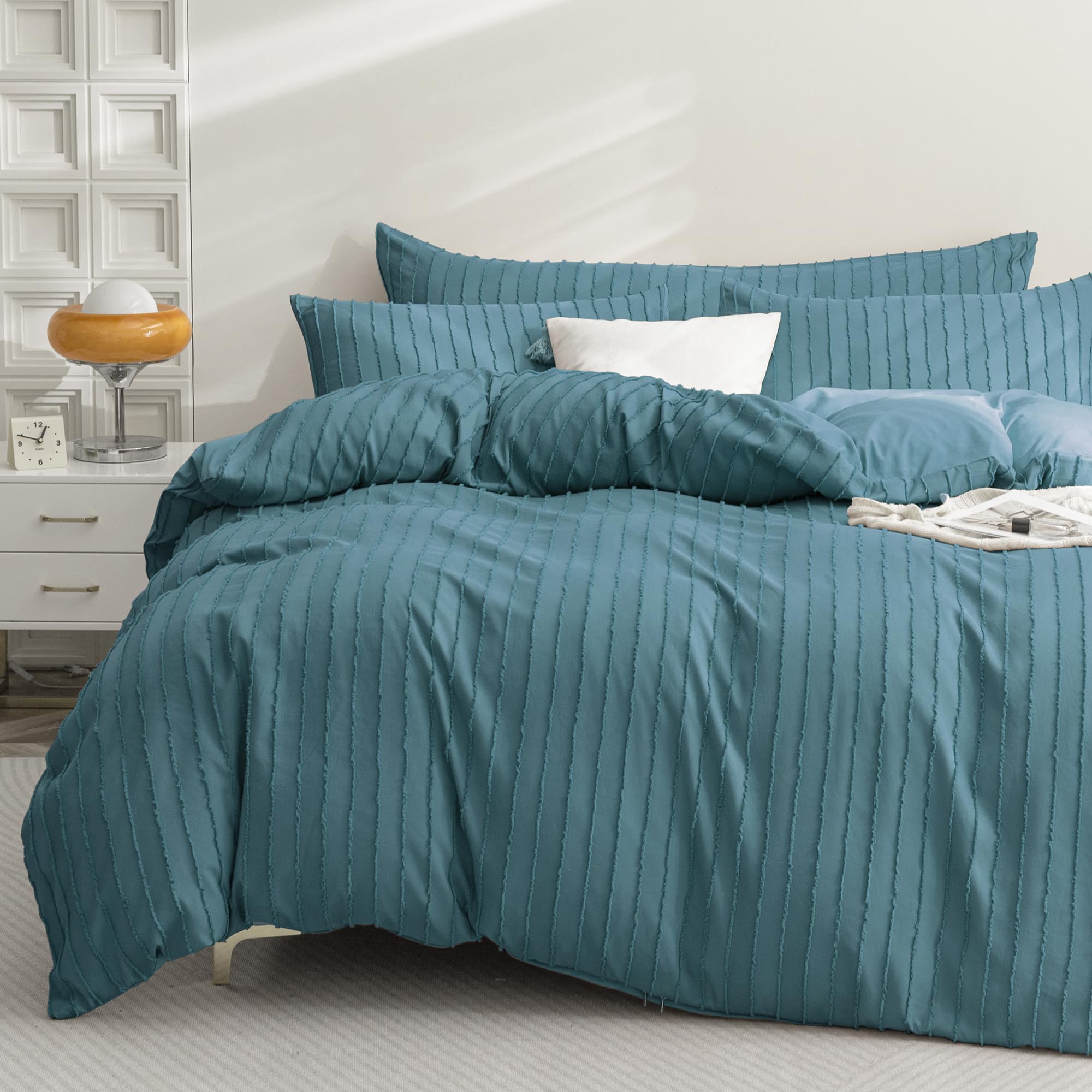 Jellymoni Grayish Blue Duvet Cover Queen Size - 3Pcs Microfiber Tufted Duvet Cover Set, Boho Striped Tufted Textured Duvet Cover