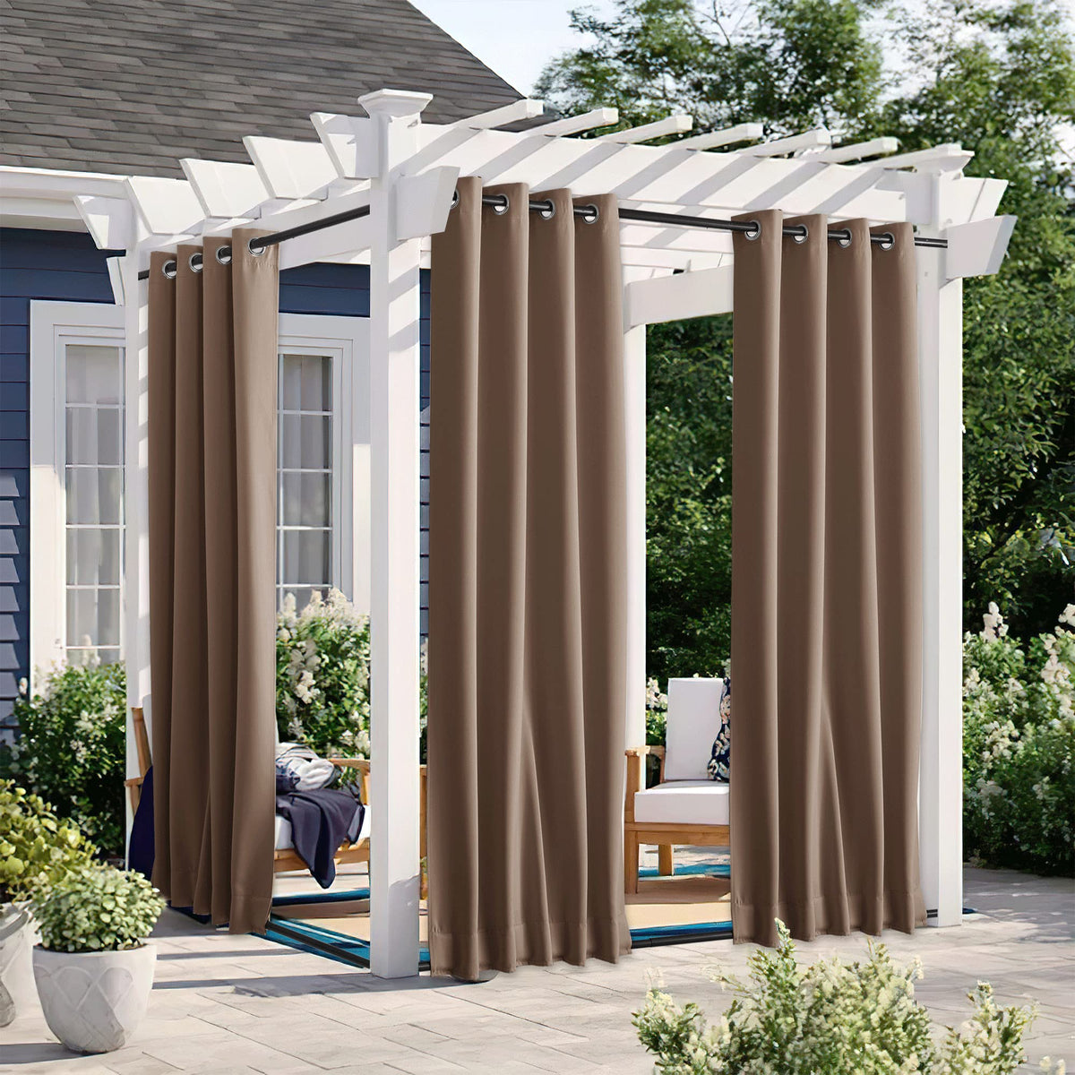 Nicetown 2 Panels Outdoor Curtains For Patio Waterproof Top & Bottom Grommet & Back Tab, Blackout Outdoor Drapes With Rope For F