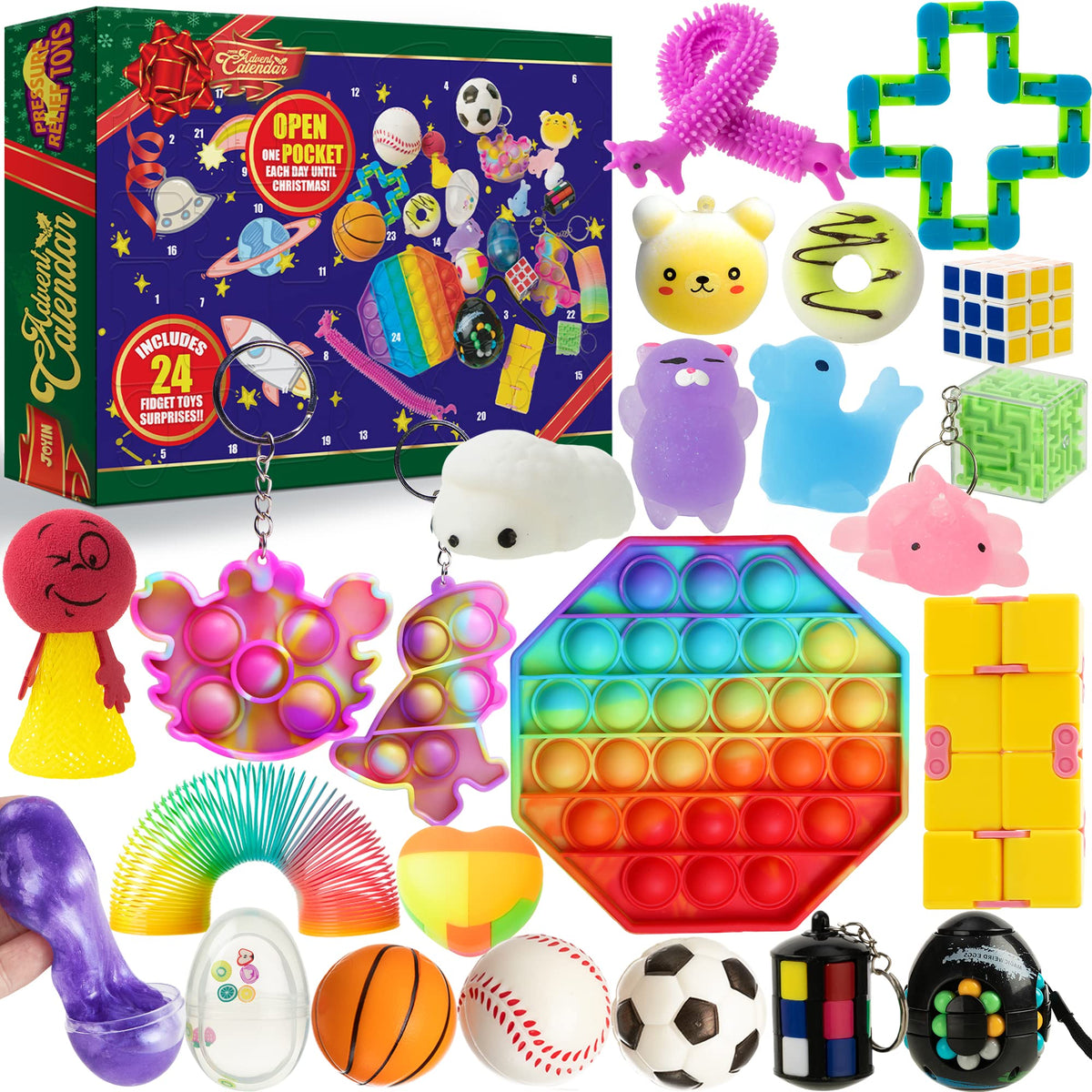 Christmas 24 Days Countdown Advent Calendar with 24 Pressure-relief Toys Fidgets Diamond Crab Dinosaur Last Mouse Lost