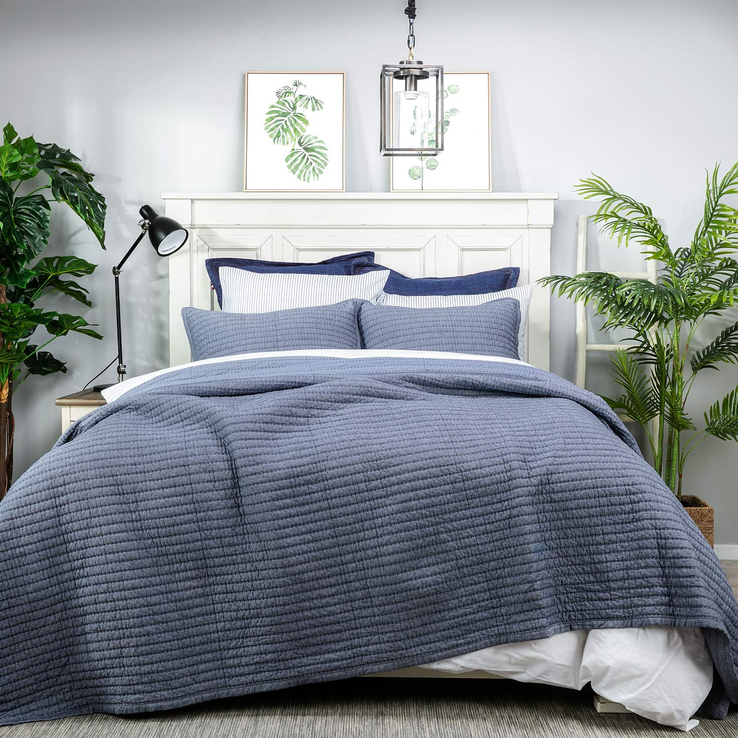 Elegant Life Home Cotton Yarn Dyed Chambray Collection Cotton Fill - Lightweight Channel Stitch Stitching Bedding Quilt, Queen B