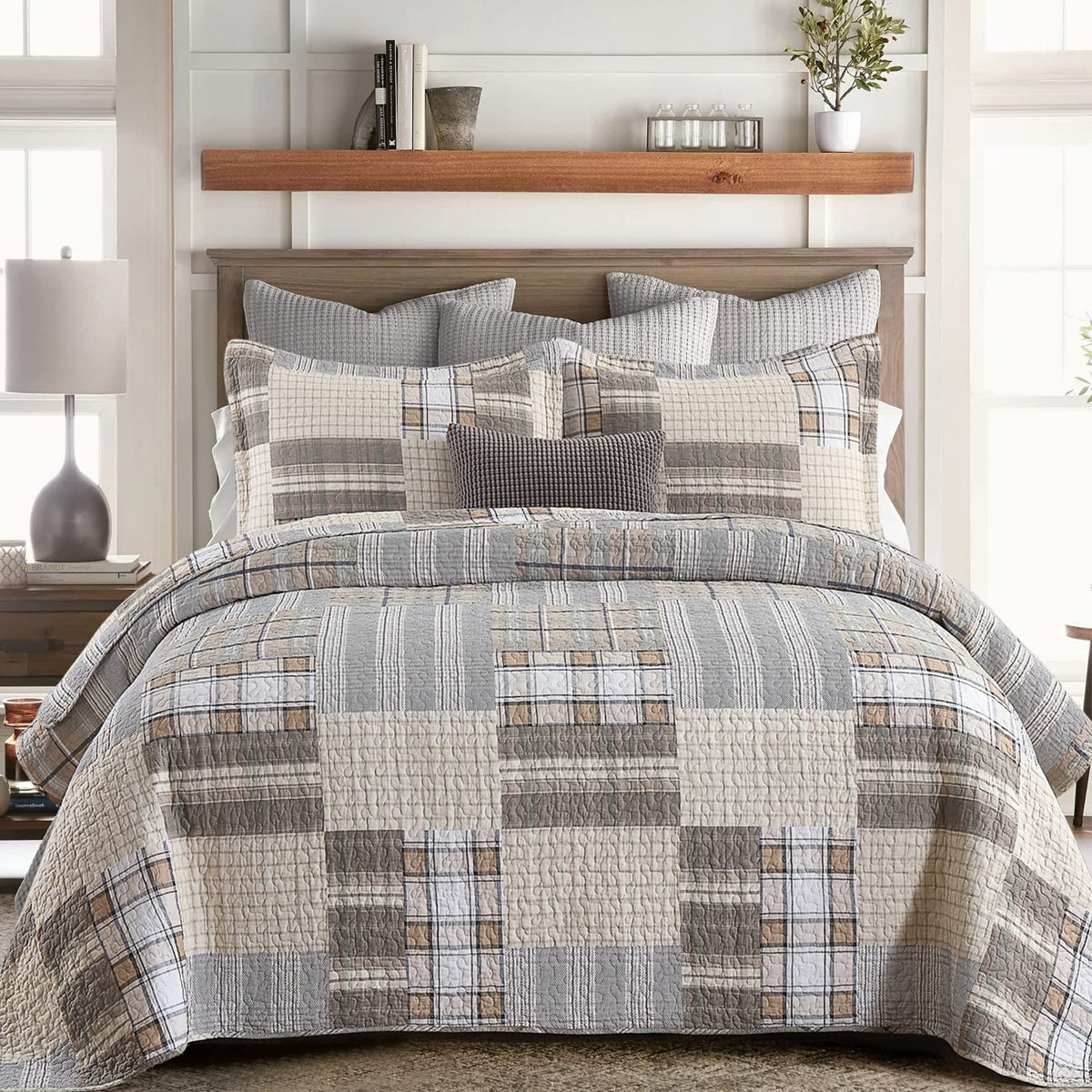Sahsahcasa Quilt King Size, King Quilt Set, 100% Cotton King Quilt Bedding Set Bedspreads, Farmhouse Patchwork Reversible Plaid
