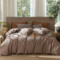 MooMee Wavy Striped Duvet Cover Set 100% Washed Cotton Linen Like Textured Breathable Durable Soft Comfy (Brown, Palatial King/O