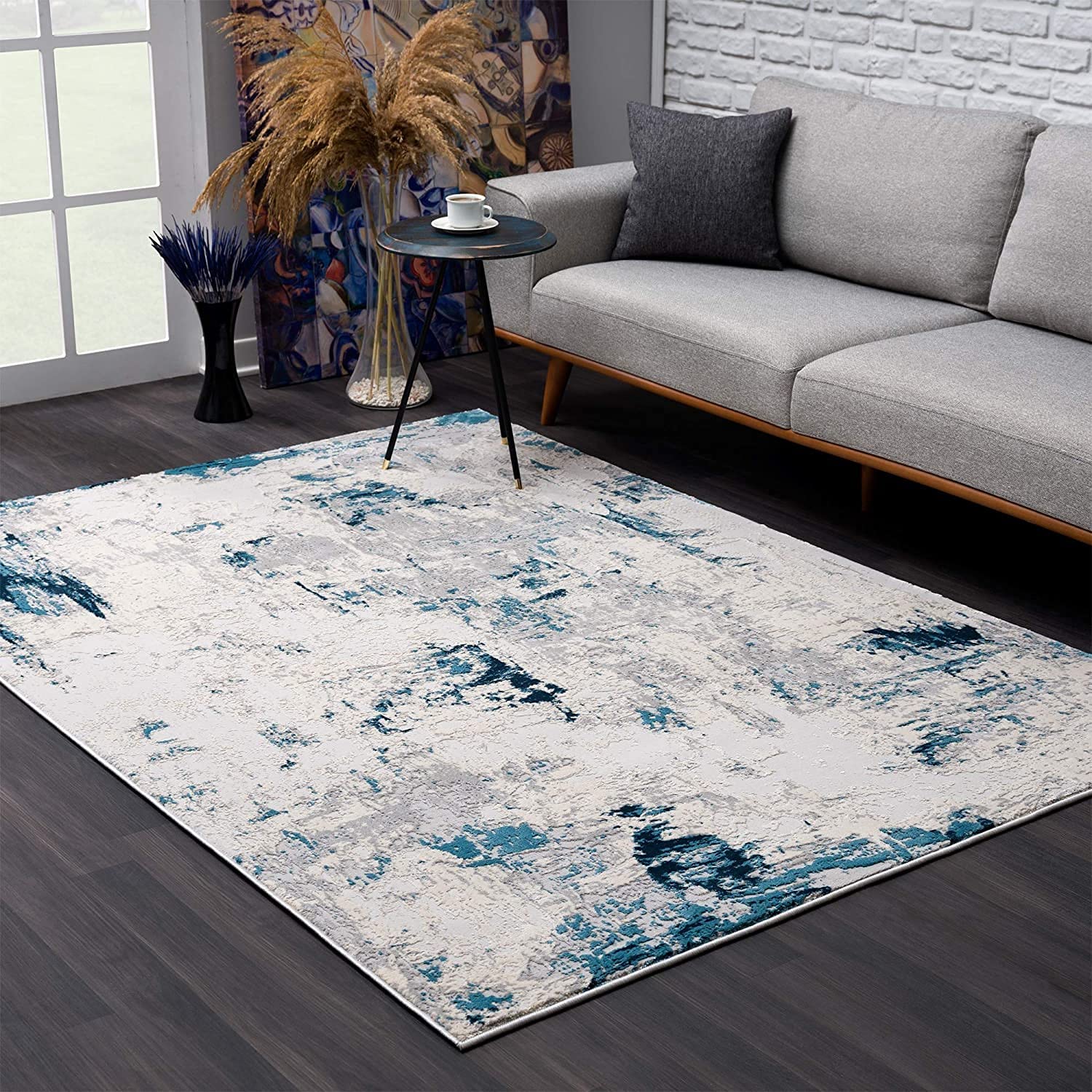 HomeRoots 100% High Grade Polypropylene 2â€ x 13â€ Blue and Ivory Abstract Strokes Runner Rug