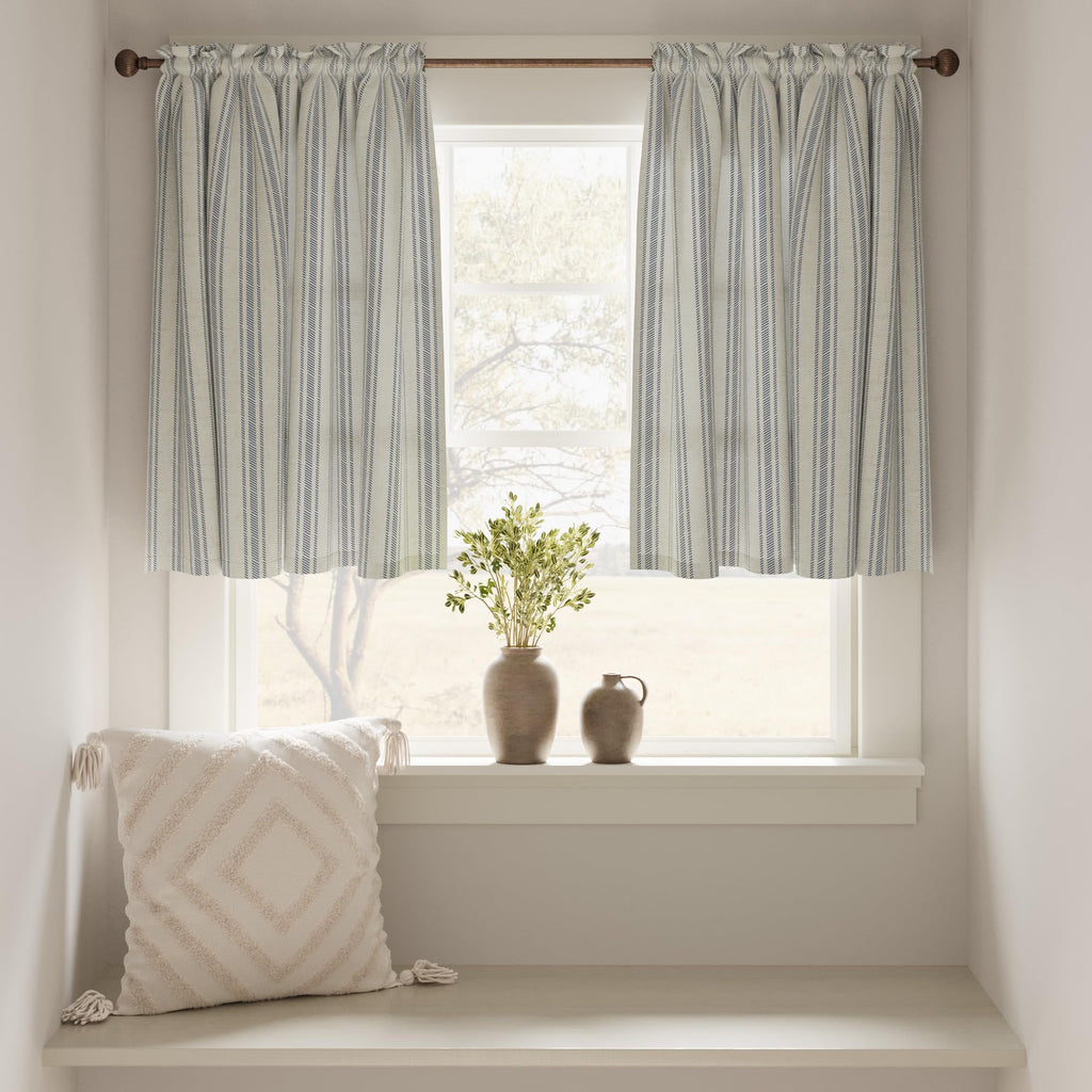 Jinchan Linen Kitchen Curtains Striped Tier Curtains 36 Inch Cafe Curtains Farmhouse Small Curtains Balanced Stripe Half Window Curtains Light Filtering For Bathroom Laundry 2 Panels Blue On Beige