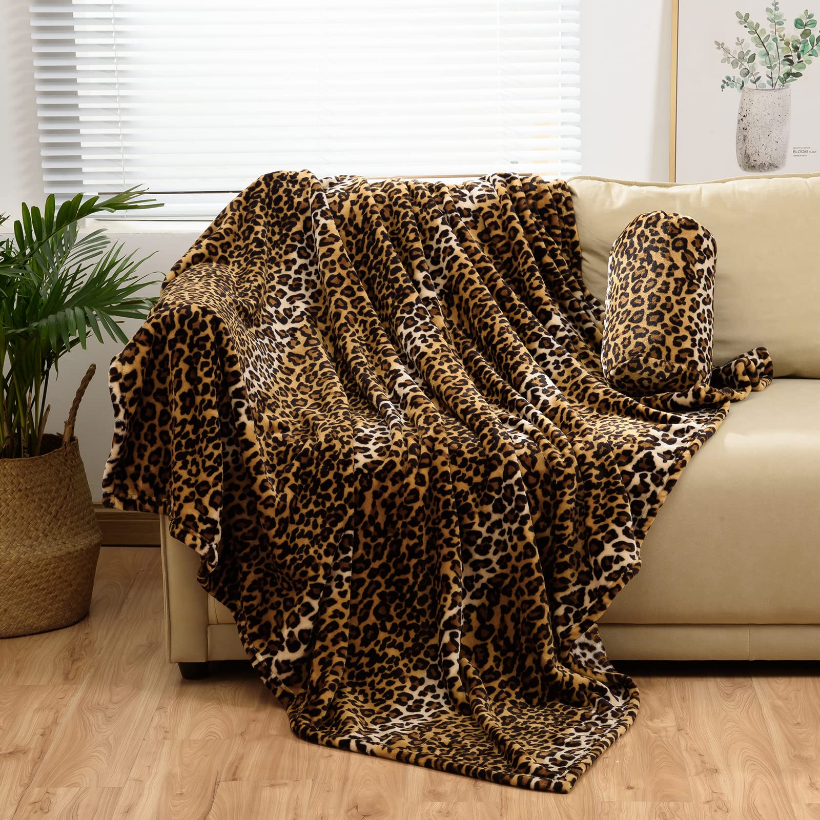 Bnuitland Leopard Print Fleece Flannel Throw Blanket With Leopard Storage Pouch,300 Gsm Double Sided Bed Throw,Lightweight Fuzzy