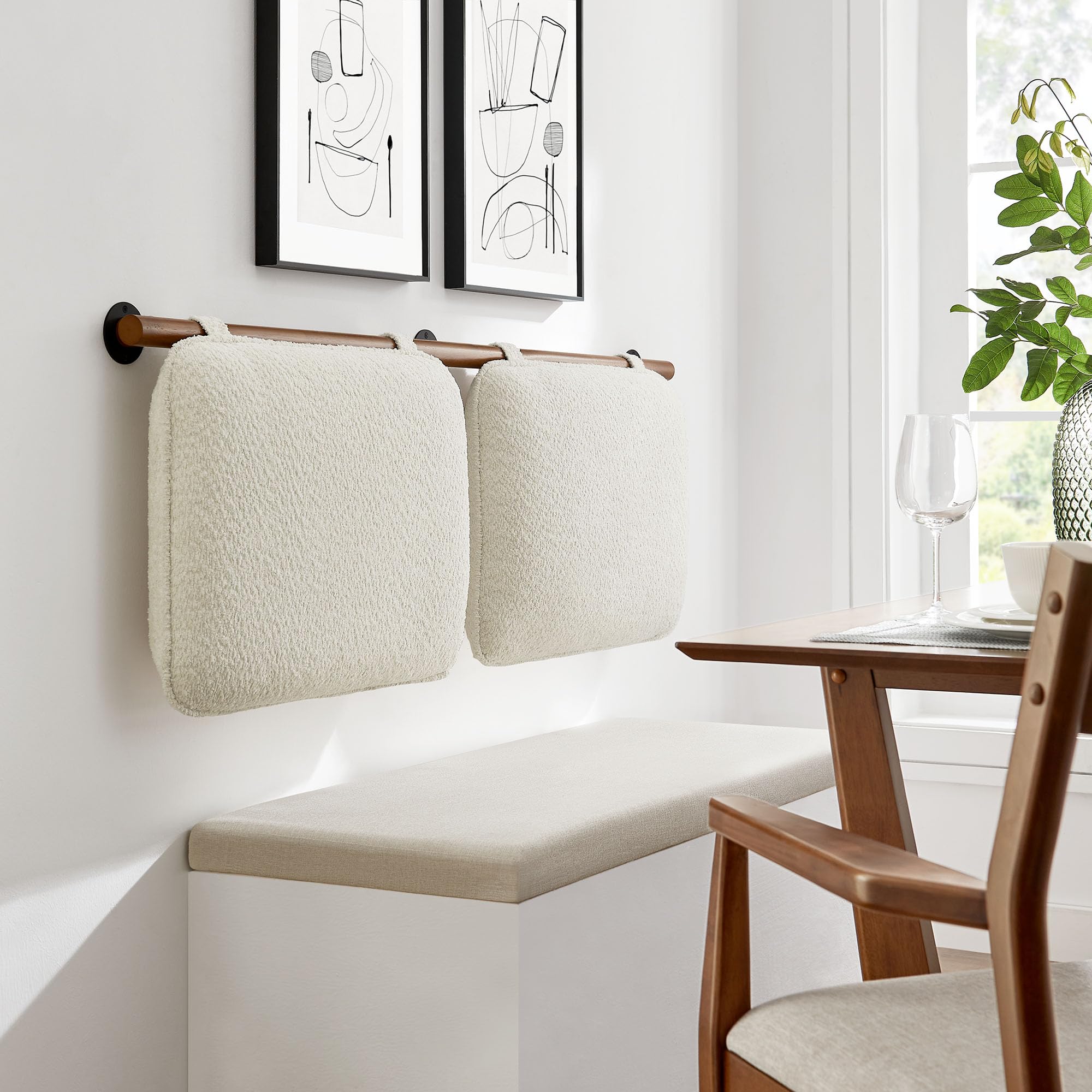 Modway Anela Chenille Upholstered Wall-Mounted Headboard Full Size in Cream Walnut - Floating Padded Headboard with Wood Bar and
