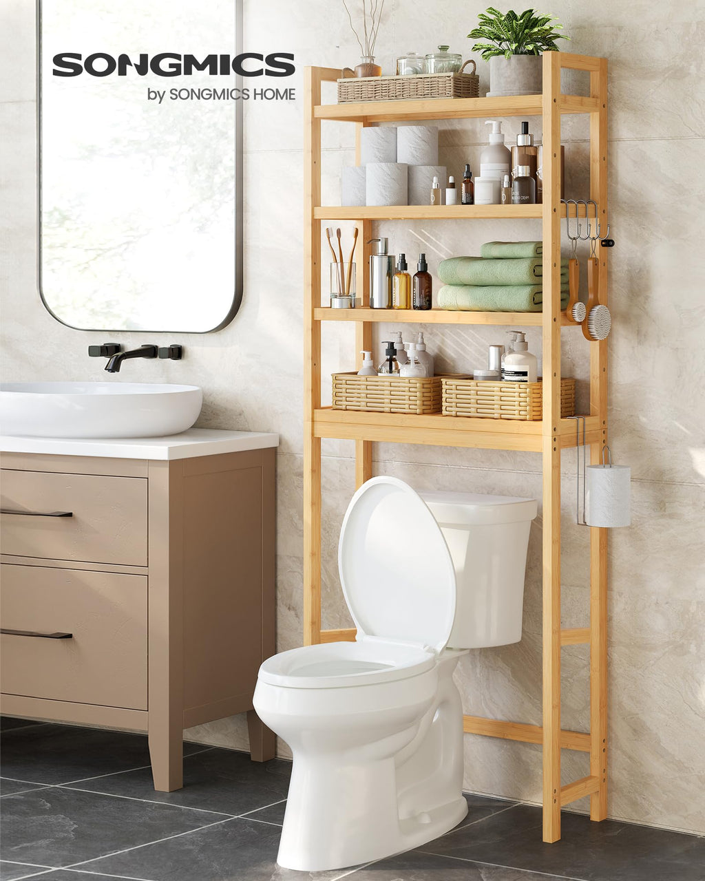 Songmics Over The Toilet Storage, 4-Tier Over Toilet Bathroom Organizer With Adjustable Shelf, Fit Most Toilets, Space-Saving, Easy Assembly, Natural Ubts041N01