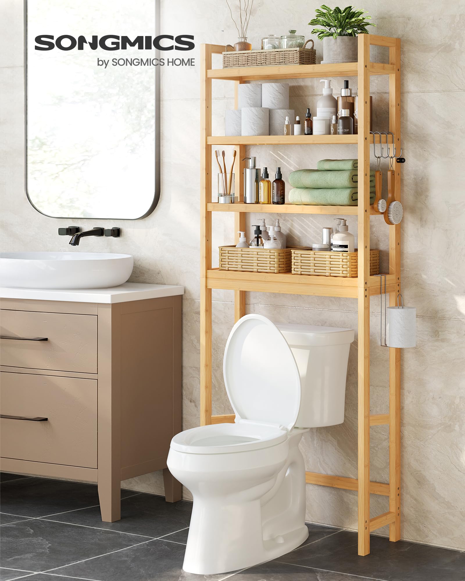 Songmics Over The Toilet Storage, 4-Tier Over Toilet Bathroom Organizer With Adjustable Shelf, Fit Most Toilets, Space-Saving, Easy Assembly, Natural Ubts041N01