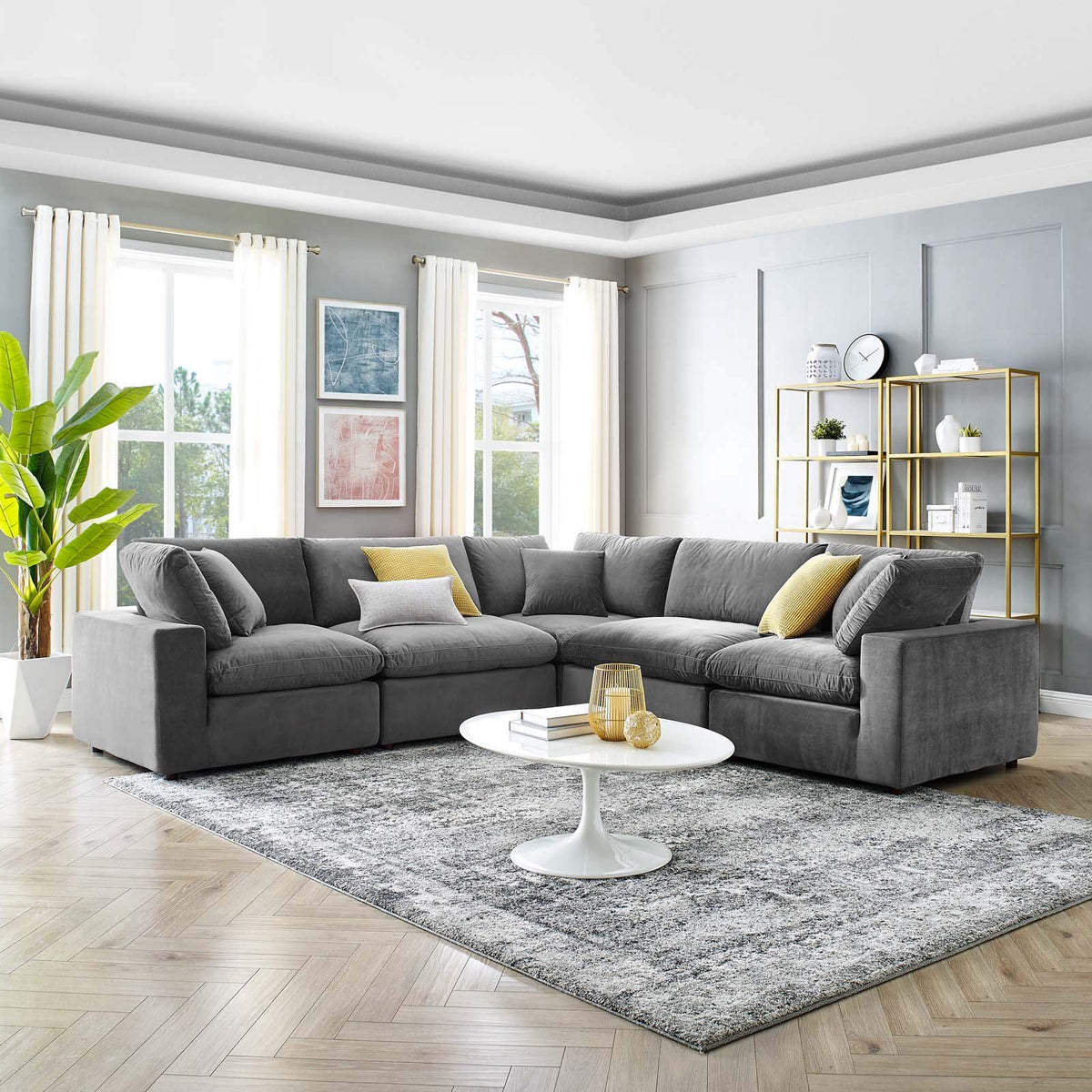 Modway Commix Down Filled Overstuffed Performance Velvet 5-Piece Sectional Sofa In Gray