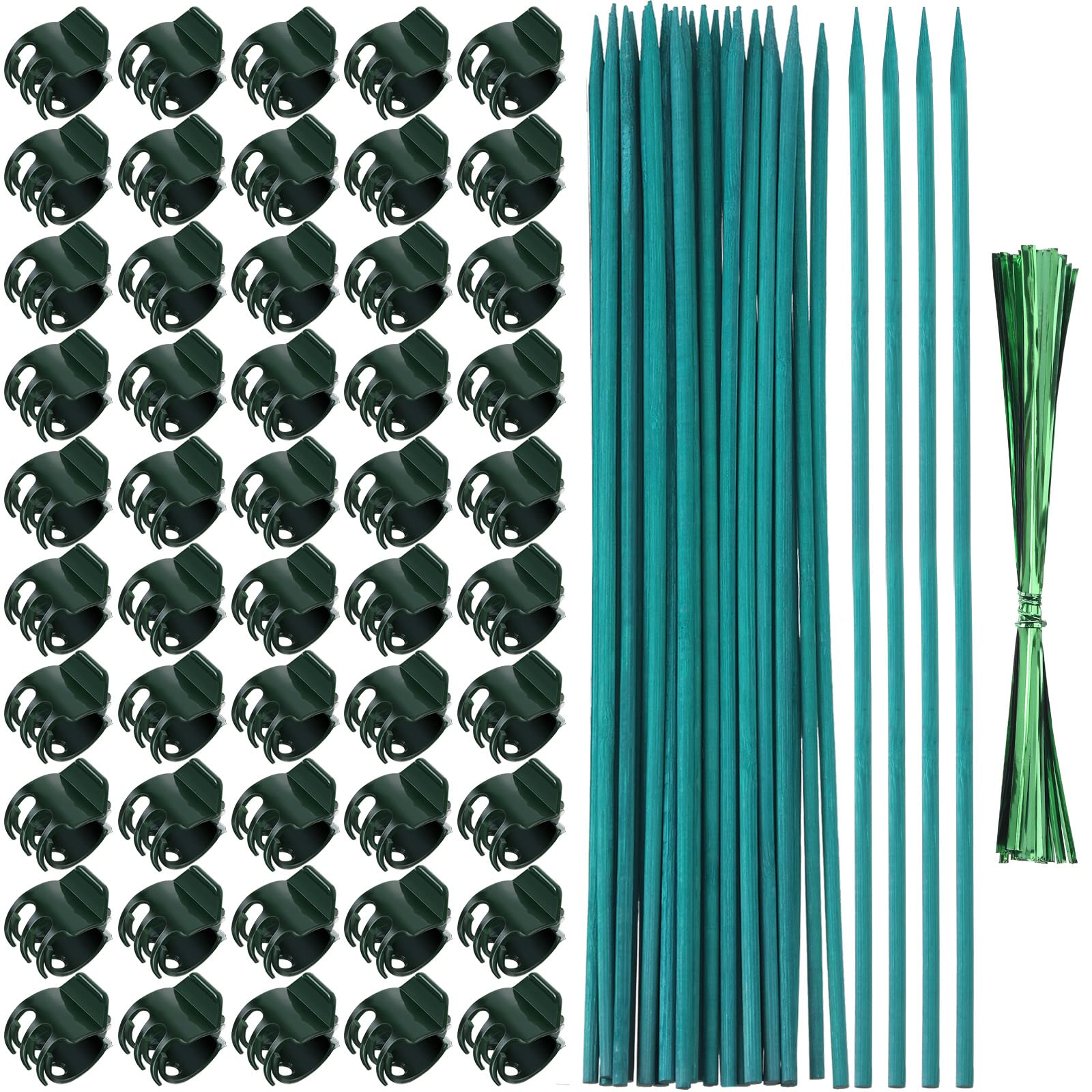 Jetec 50 Pieces Orchid Clips Plastic Garden Plant Clips With 30 Pieces Green Bamboo Plant Stakes, 30 Pieces Metallic Twist Ties