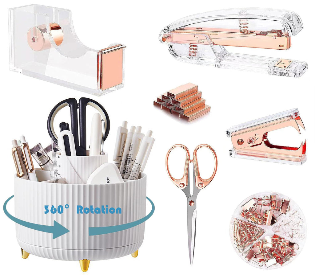 Rose Gold Desk Organizers And Accessories 7Pcs Set With 360-Degree Rotating Pen Holder, Acrylic Stapler, Tape Holder, Staple Rem