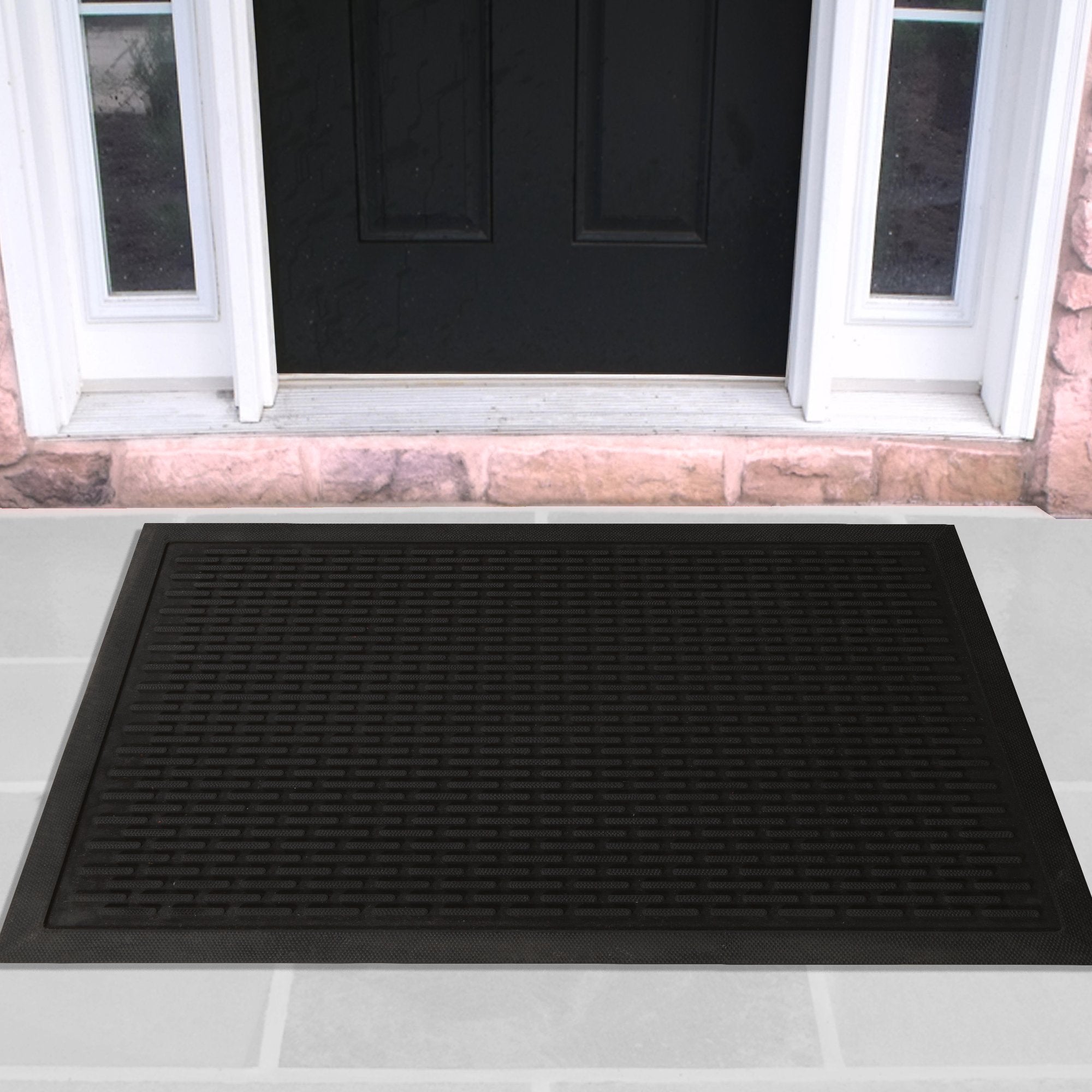 Indoor/Outdoor Hose-Wash Ribbed Design Non-Slip Rubber 2X3 Modern Entryway Mat For Entryway, Patio, Backyard, Garage, 24' X 36', Black Ribbed