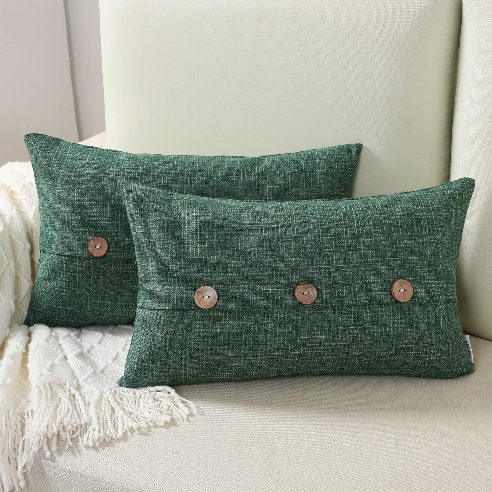 Futei Emerald Green Linen Decorative Throw Pillow Covers 12X20 Inch Set Of 2, Rectangle Lumbar Pillowcase With Vintage Button/Zi