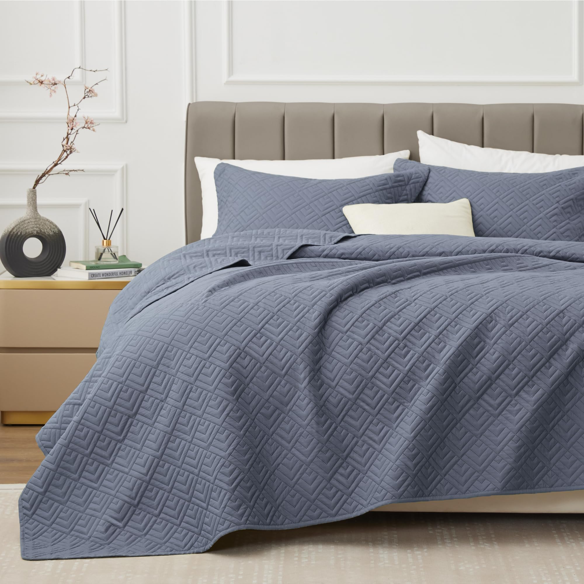 Exq Home Quilt Set Full/Queen Size Blue 3 Piece,Lightweight Soft Coverlet Modern Style Squares Pattern Bedspread Set For All Sea