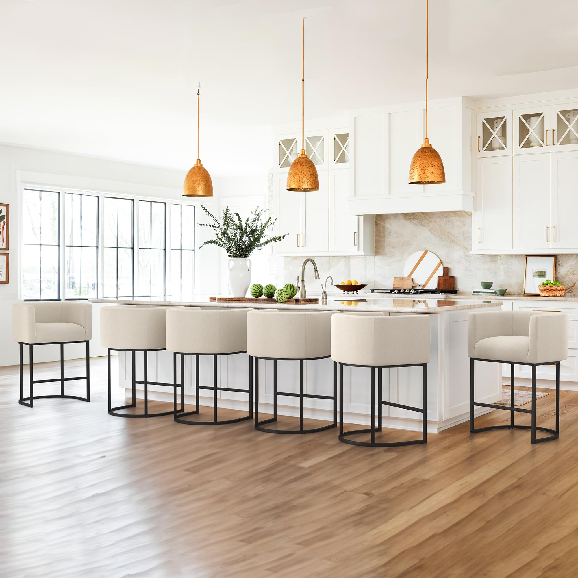 LUE BONA 27'' H Counter Height Bar Stools Set of 6, Modern Barrel Counter Stools with Backrest and Arms, Black Metal Frames, Lin