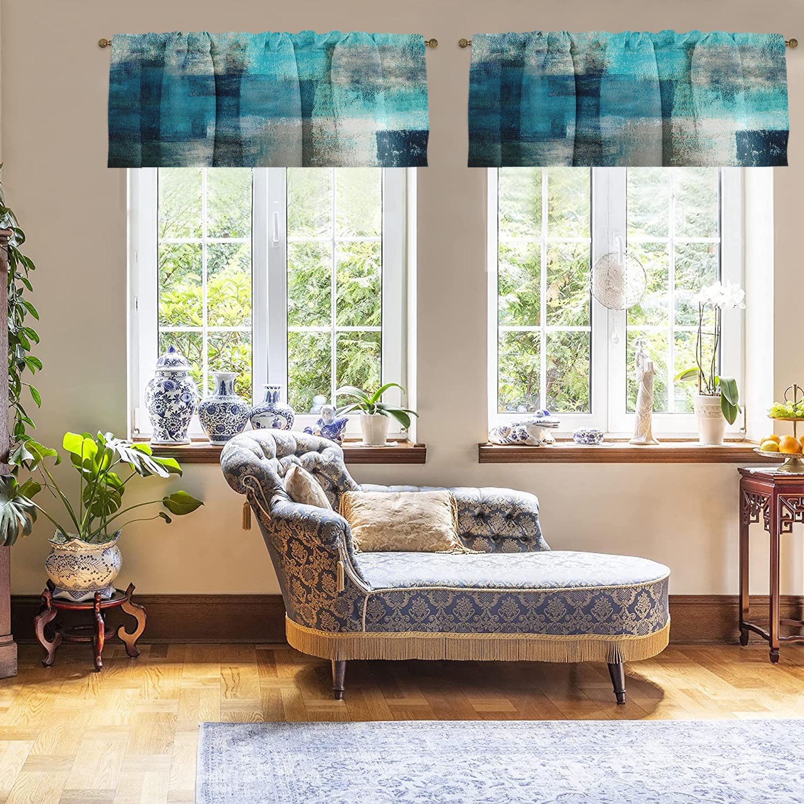Emvency 2 Pack Valances Window Treatments Turquoise Abstract Modern Art Blackout Drapes Adjustable Curtain Valances For Windows