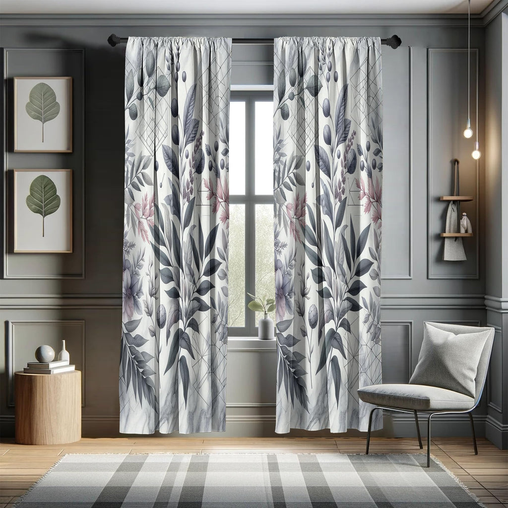 Ambesonne Leafy Art Window Curtains Pack Of 2, Muted Forest Leaves And Gentle Flowers With Geometric Cube Details, Lightweight S