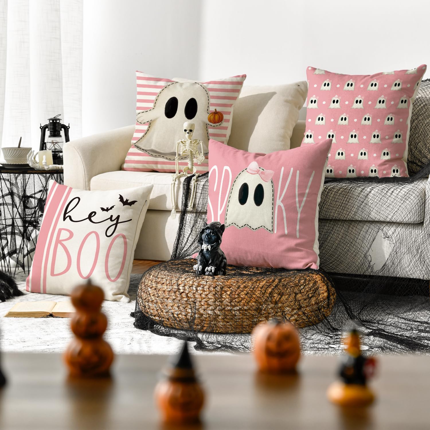 Avoin Colorlife Halloween Hey Boo Cute Ghost Spooky Pink Throw Pillow Covers, 18 X 18 Inch Horror Scary Cushion Case For Sofa Co