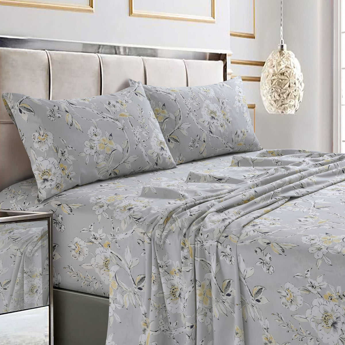 Tribeca Living King Bed Sheet Set, Soft Cotton Sateen Printed Sheets Floral Print, Extra Deep Pocket, 300 Thread Count, 4-Piece