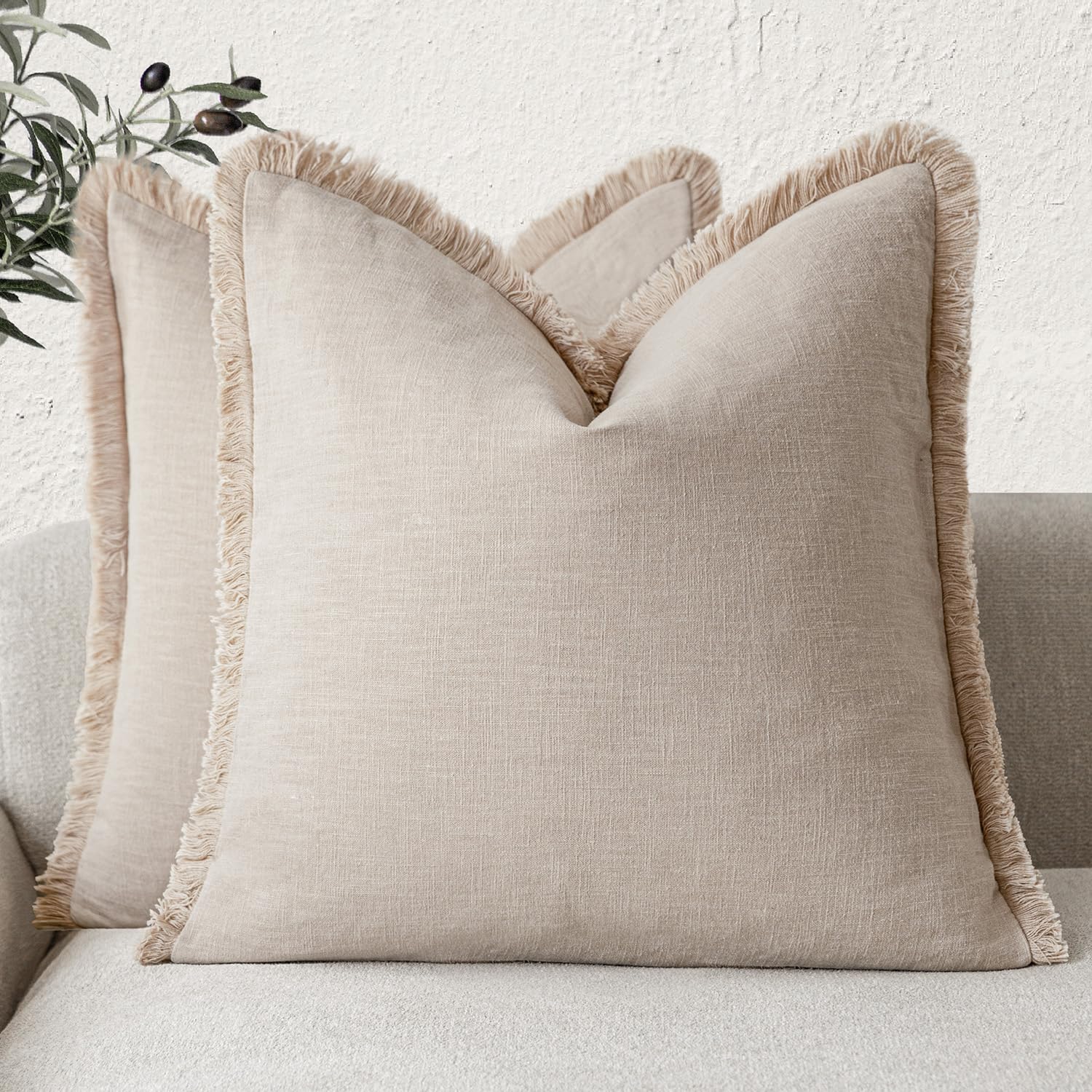 Foindtower Set Of 2 Decorative Cozy Farmhouse Cushion Cover Linen Fringe Throw Pillow Covers With Tassels For Couch Sofa Bed Liv