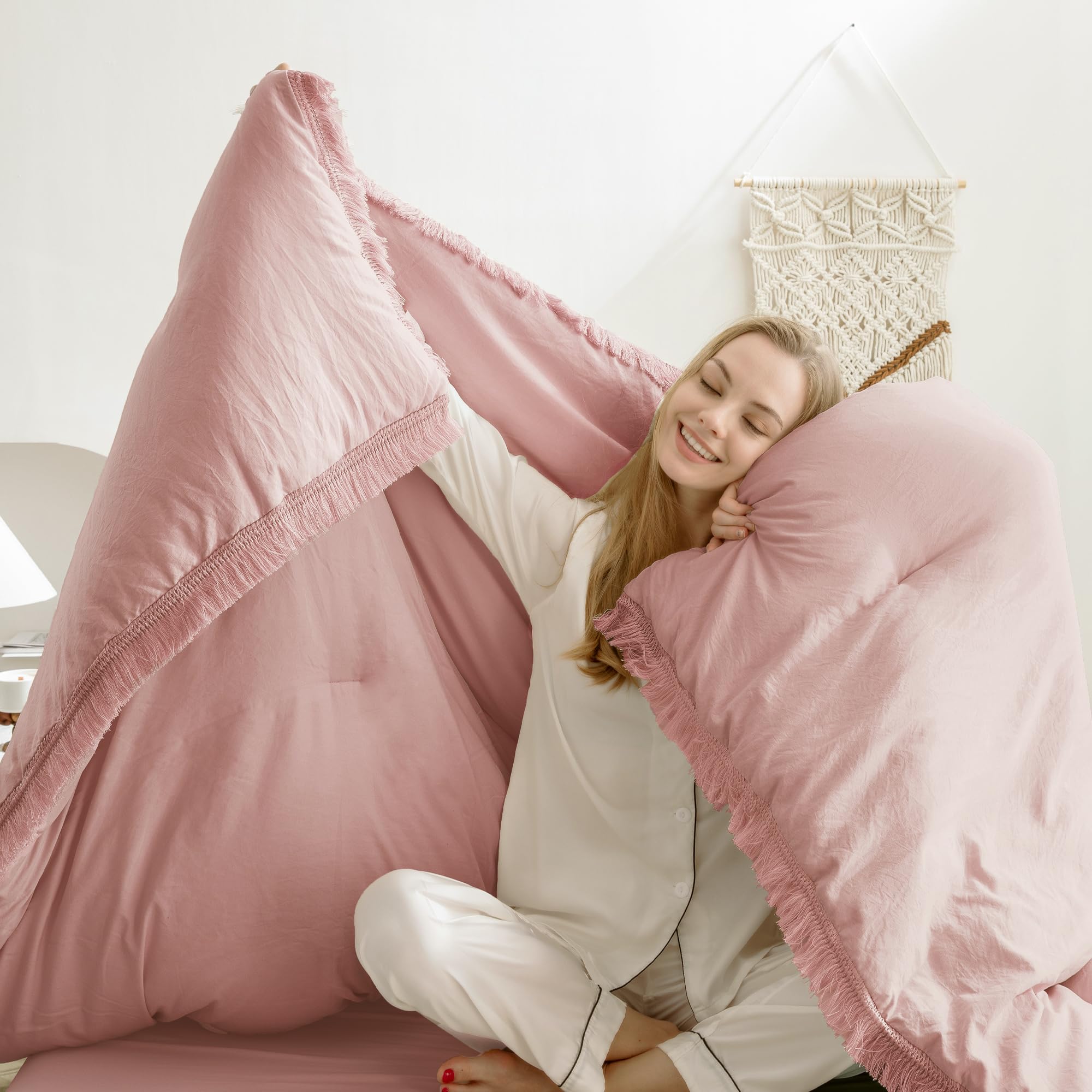 Andency Pink Comforter Set California King For Girls, Blush Boho Women Tassel Lightweight Bedding Comforter Sets, 3 Pieces All Season Soft Fluffy Fringe Bed Set (104X96In Comforter & 2 Pillowcases)