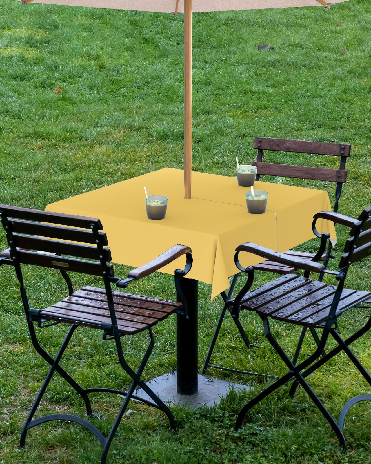 Queenker Yellow Outdoor Tablecloth With Umbrella Hole And Zipper, Solid Color Table Cover For Square Tables Waterproof Tabletop