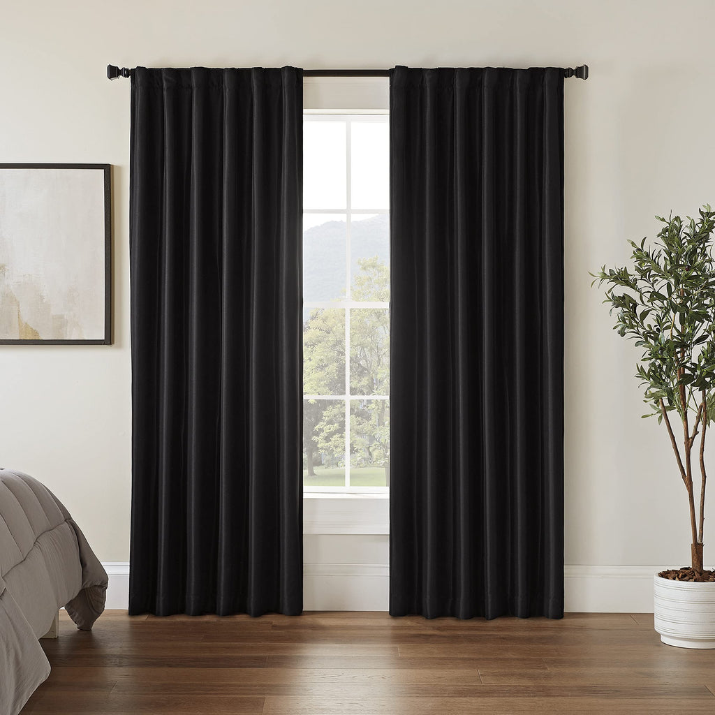 Eclipse Fresno Modern Blackout Thermal Rod Pocket Window Curtain For Bedroom (1 Panel), 52'' X 95'', Black