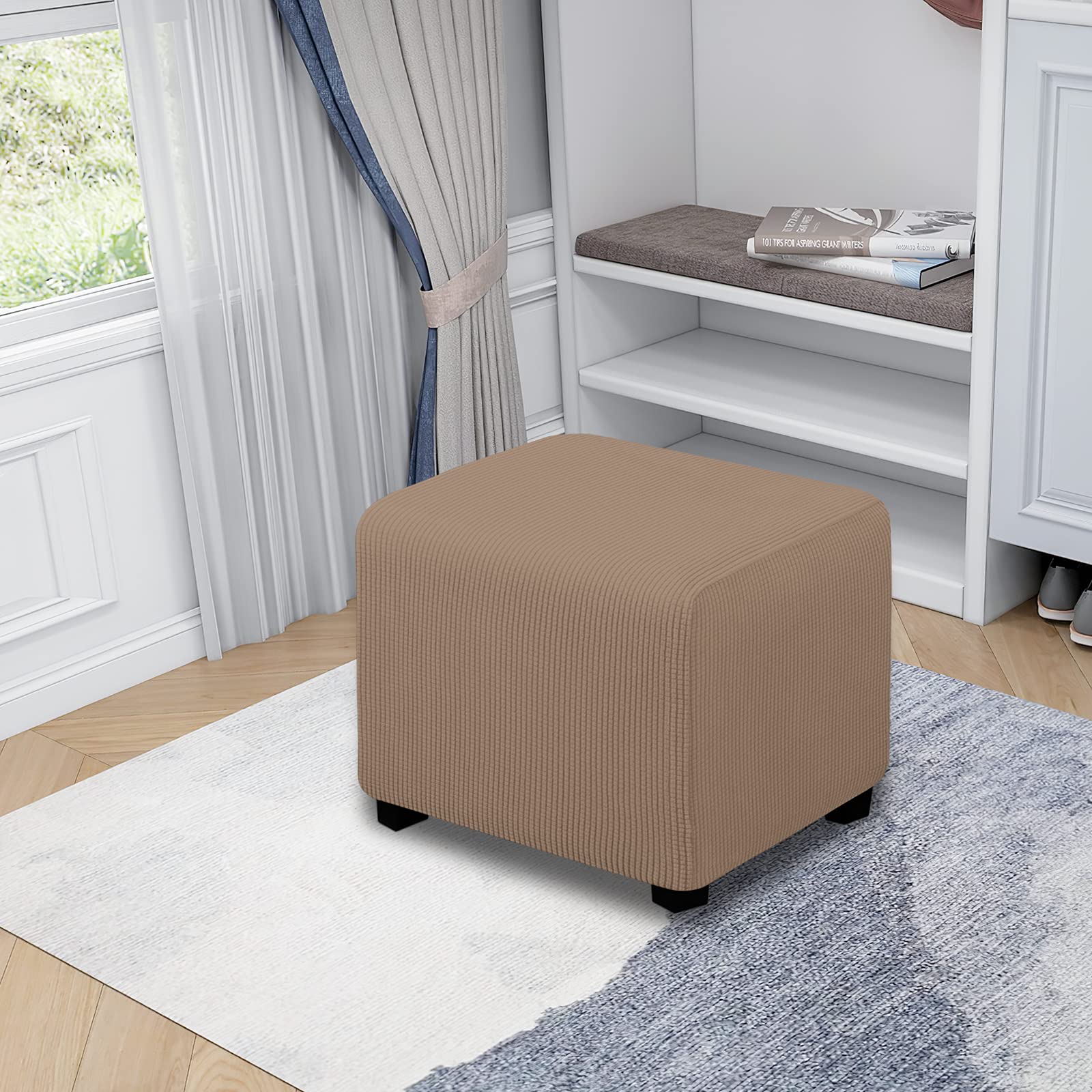 Easy-Going Stretch Ottoman Cover Folding Storage Stool Furniture Protector Soft Rectangle Slipcover With Elastic Bottom (X-Small,Camel)