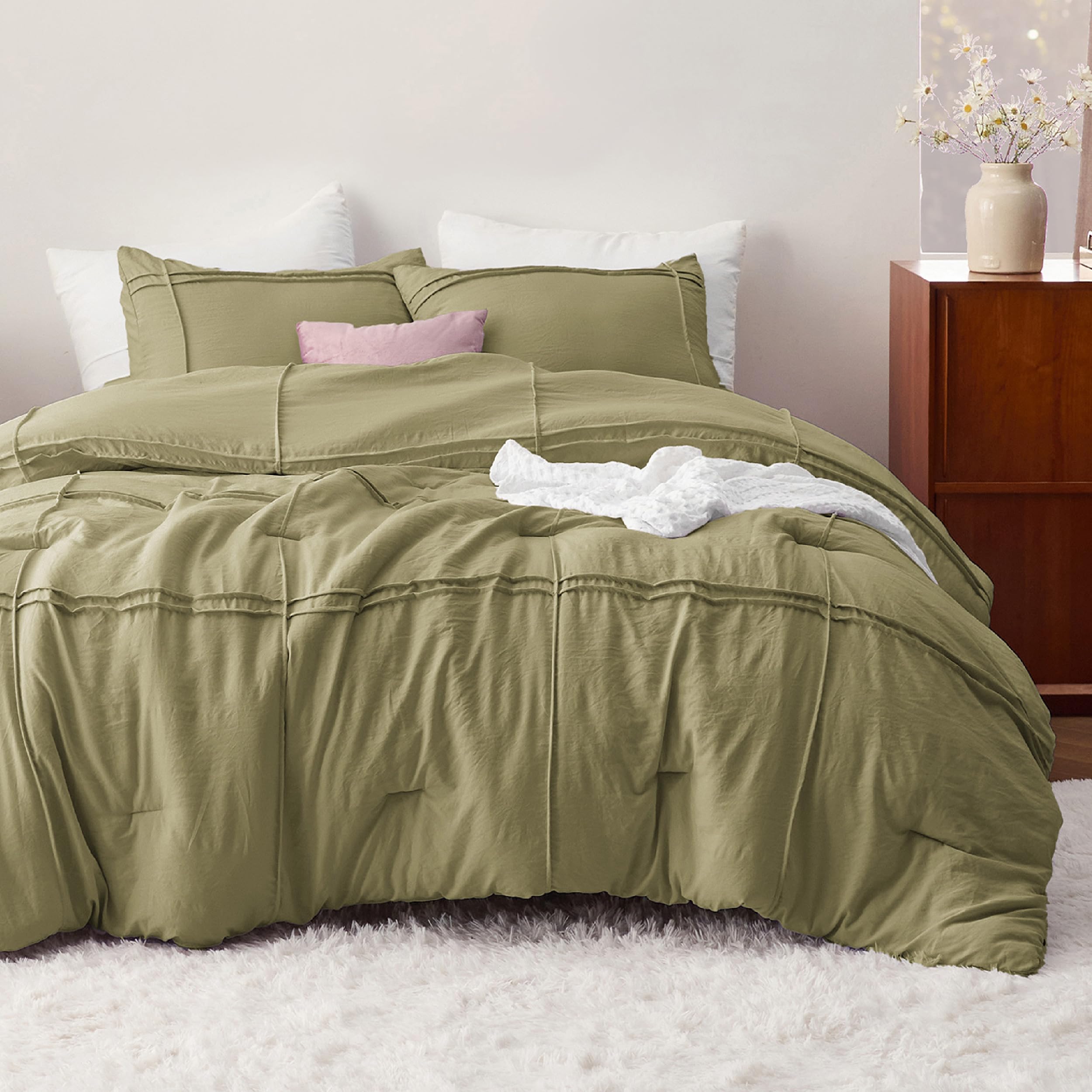 Bedsure Queen Comforter Set With Sheet - 4 Pieces Soft Olive Green Bedding Sets, Grid Pinch Pleat, All Season Lightweight Fluffy Bed Set With Solid Boho Comforter, Pillowcases & Sheet