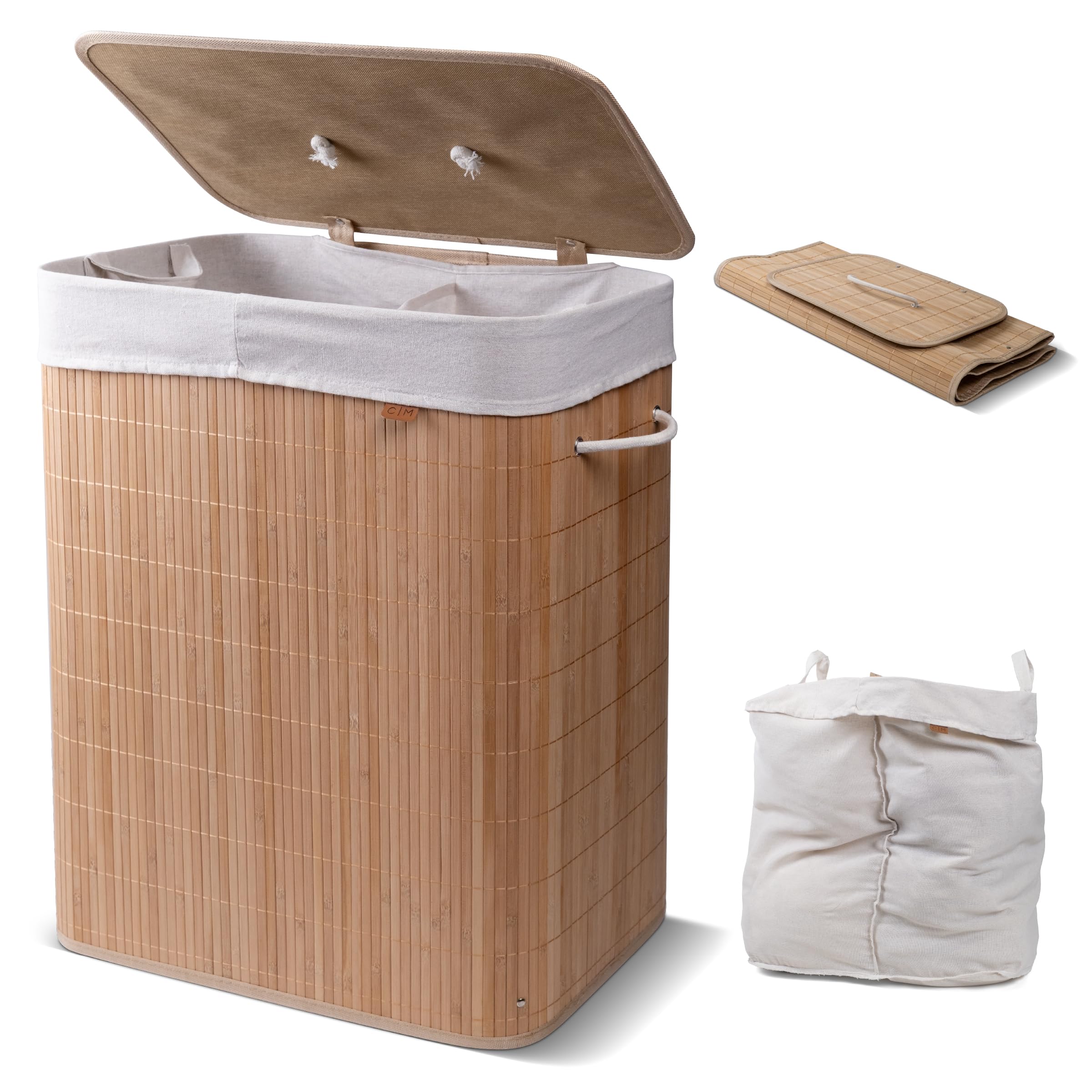 CleverMade Natural Bamboo Hamper LUXE, Double Hamper - 27 Gal (103L) Bamboo Laundry Hamper with Lid and Removable Machine Washab