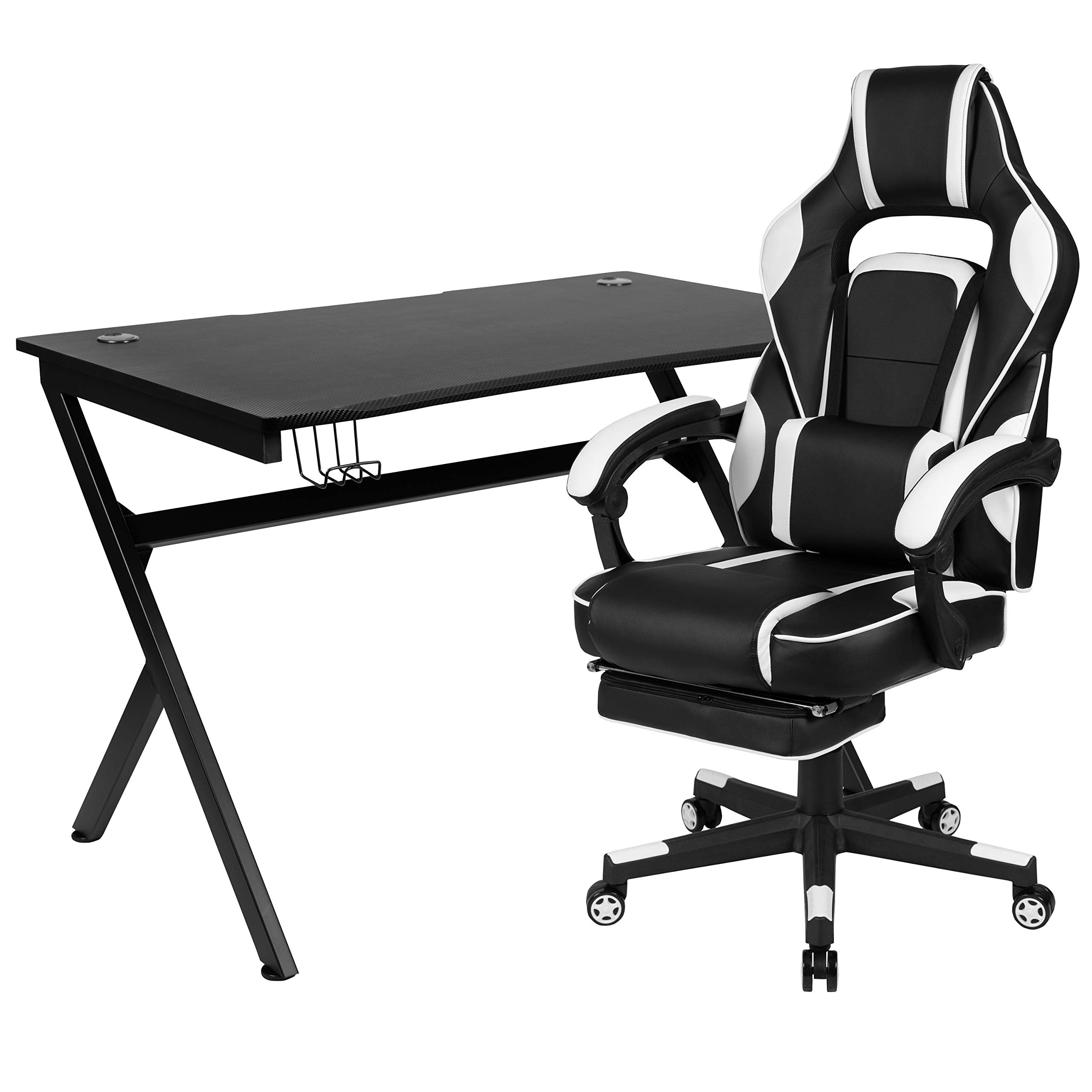 Flash Furniture Black Gaming Desk With Cup Holder/Headphone Hook/2 Wire Management Holes & White Reclining Back/Arms Gaming Chair With Footrest