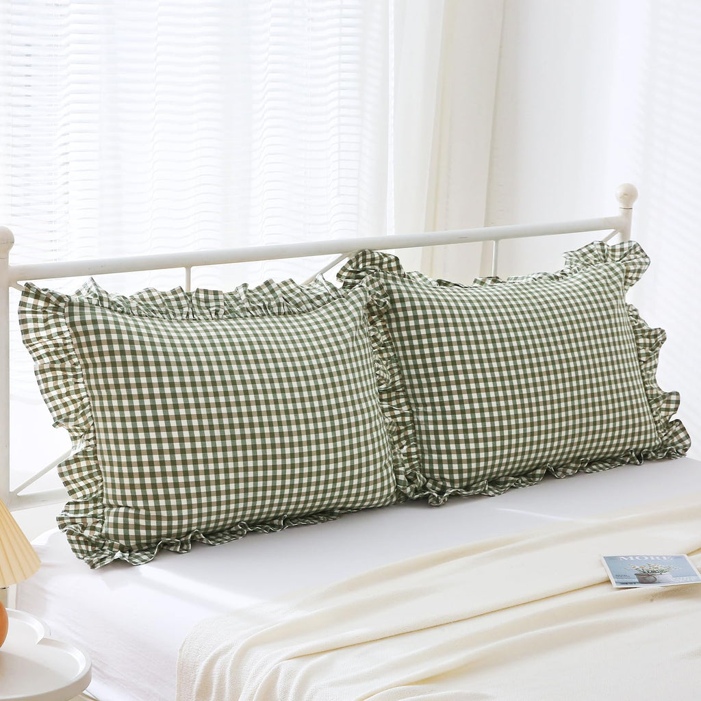 Mywinlle Sage Green Plaid Ruffle Pillow Shams Standard Set Of 2,Vintage Checkered Pillow Cases,Washed Cotton Bed Pillow Covers-2