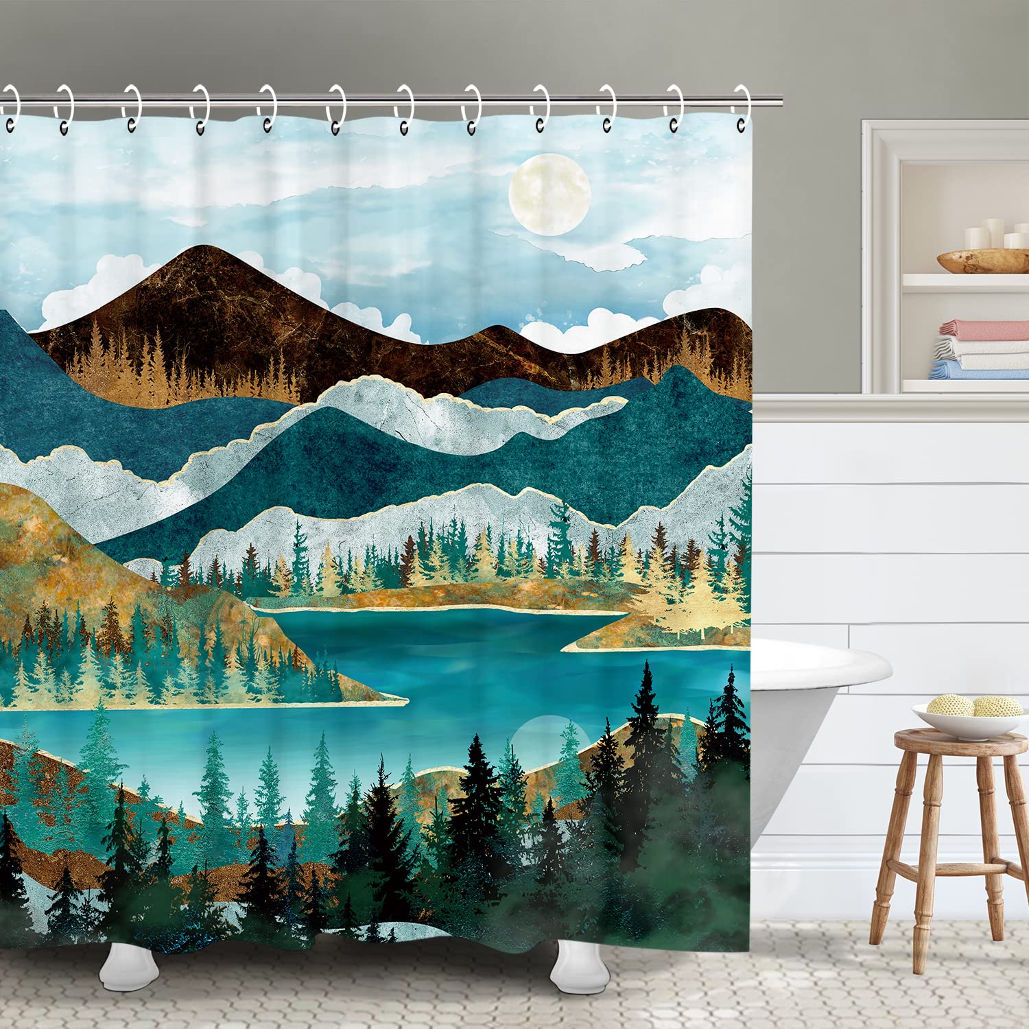 RosieLily Mountain Shower Curtain Misty Forest Shower Curtain Nature Shower Curtain, Lake Shower Curtain Green Trees Landscape S