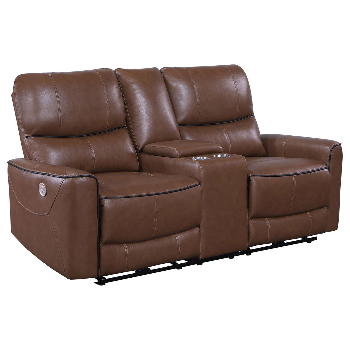 Coaster Greenfield Upholstered Power Reclining Loveseat with Console Saddle Brown