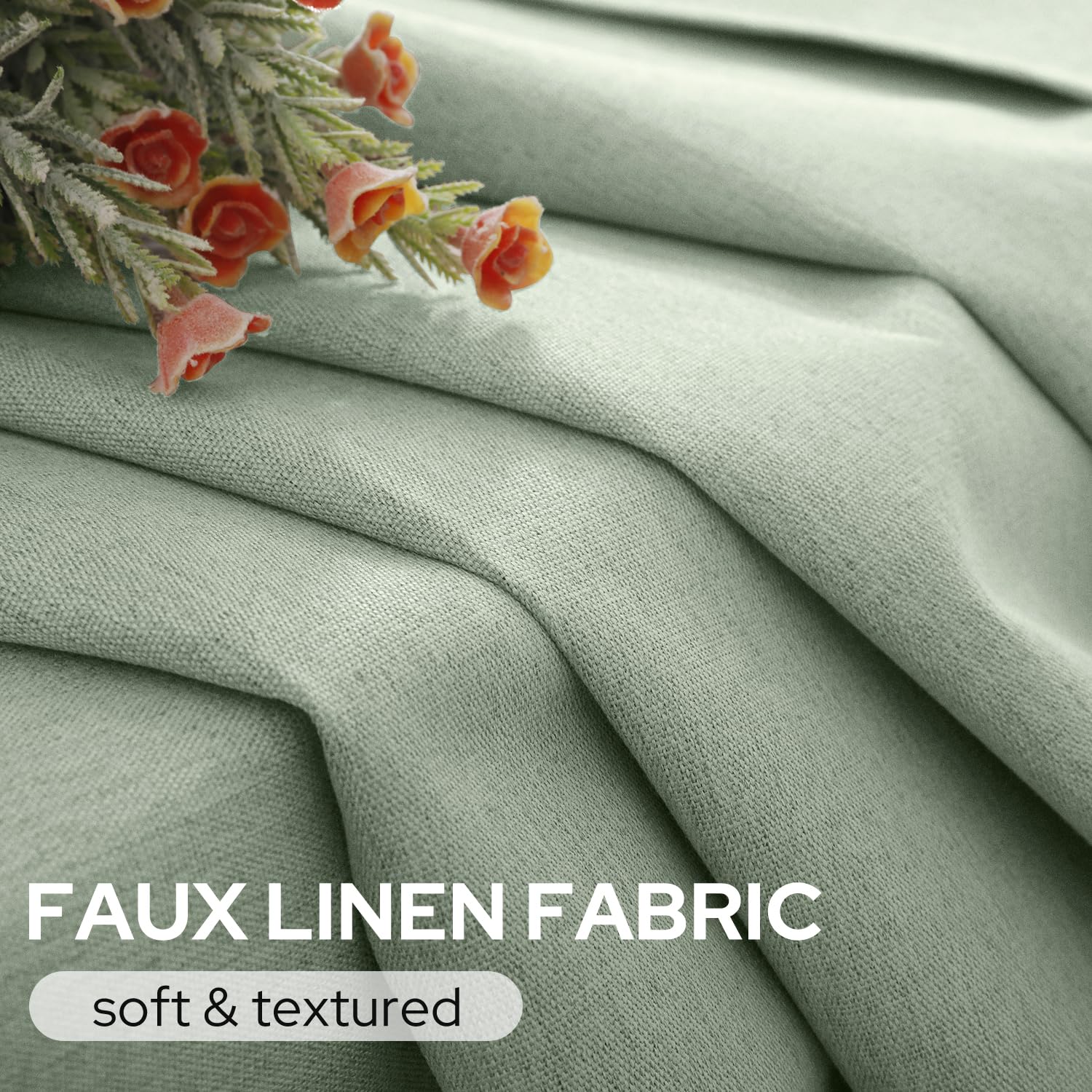 Homeideas Sage Green 100% Blackout Curtains, 2 Panels Faux Linen Curtains Room Darkening Curtains 52 X 84 Inches Thermal Insulat