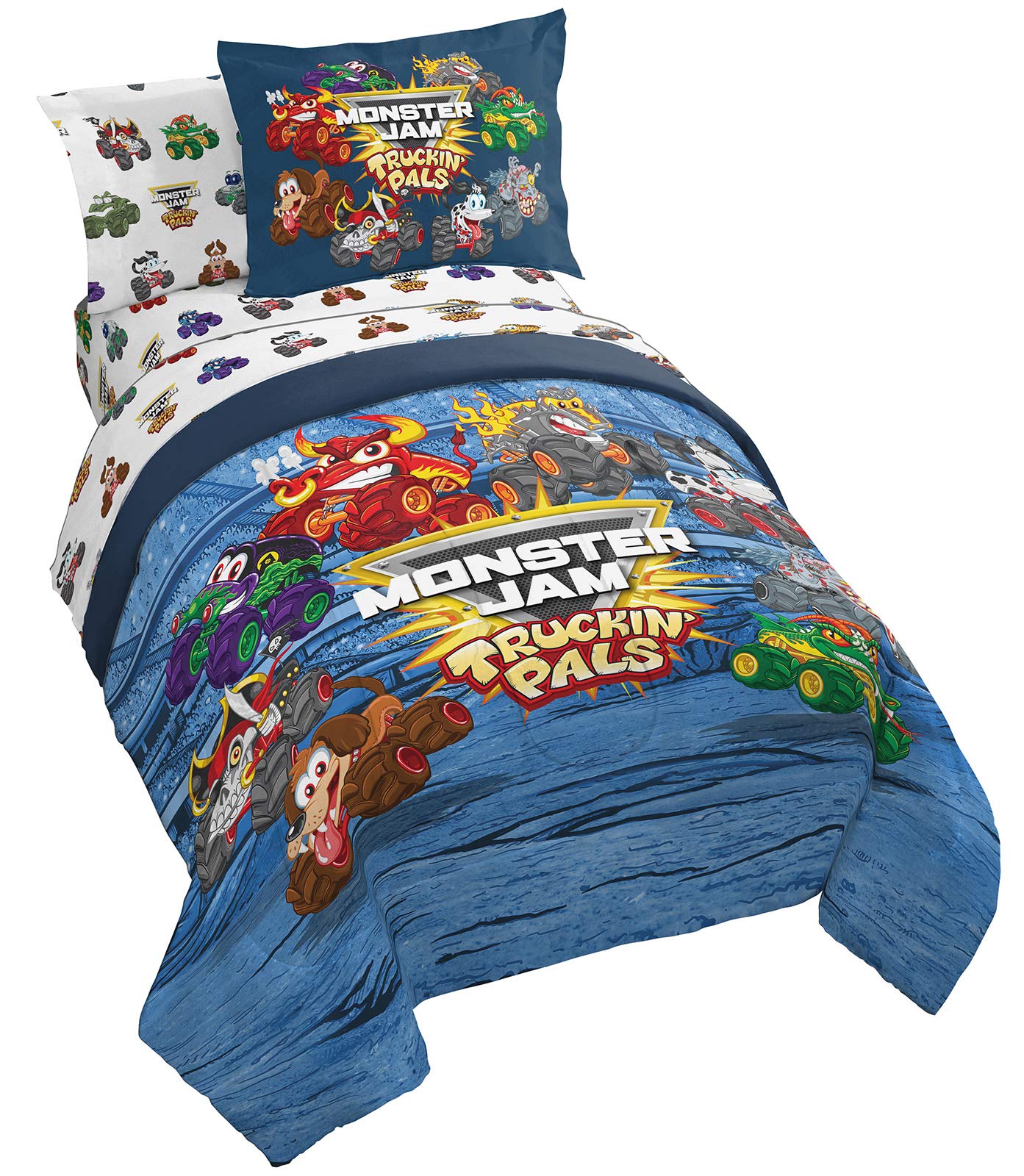 Monster Jam Truckin Pals 5 Piece Twin Bed Set  Includes Comforter & Sheet Set  Bedding Features Grave Digger & Megalodon  Sup