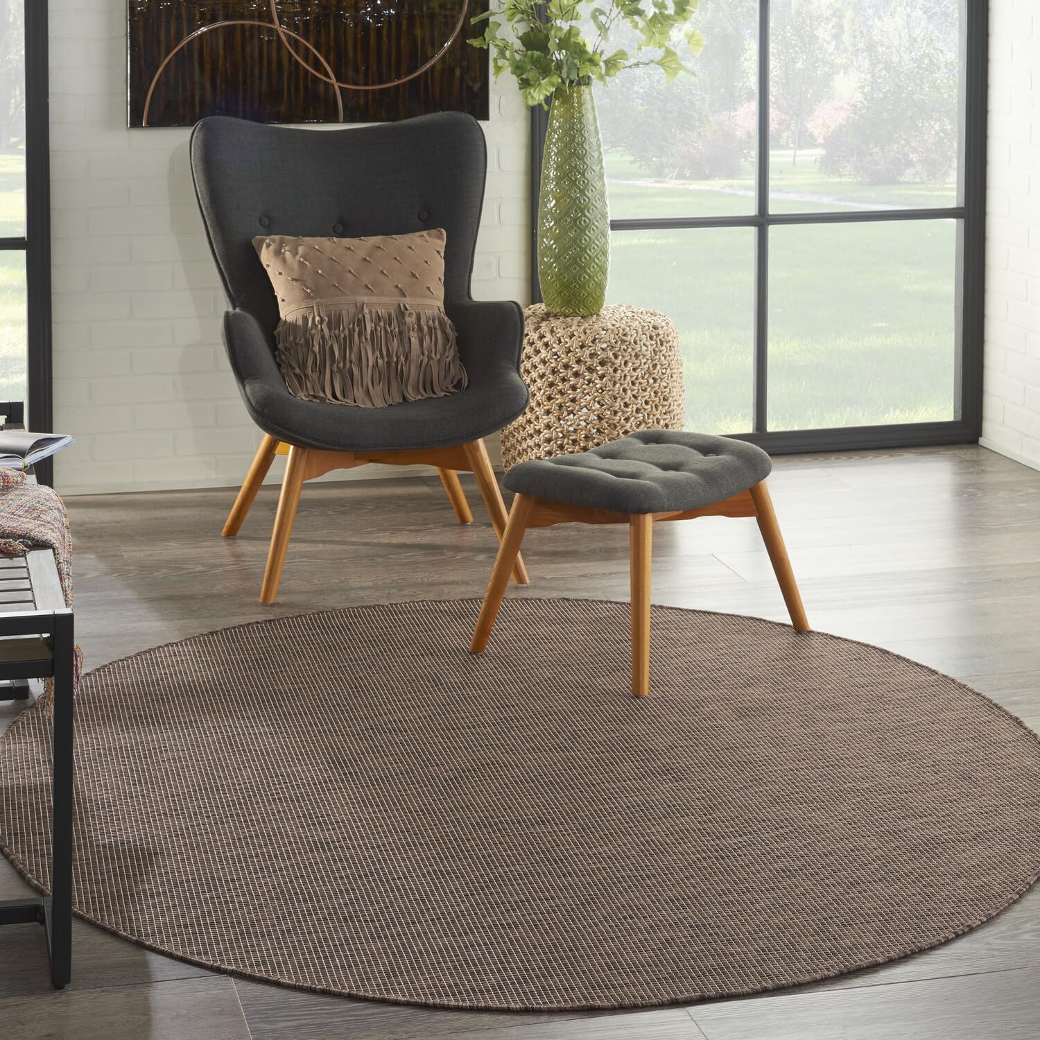 Nourison Positano Indoor/Outdoor Natural 6' X Round Area Rug, Easy Cleaning, Non Shedding, Bed Room, Living Room, Dining Room, Backyard, Deck, Patio (6 Round)