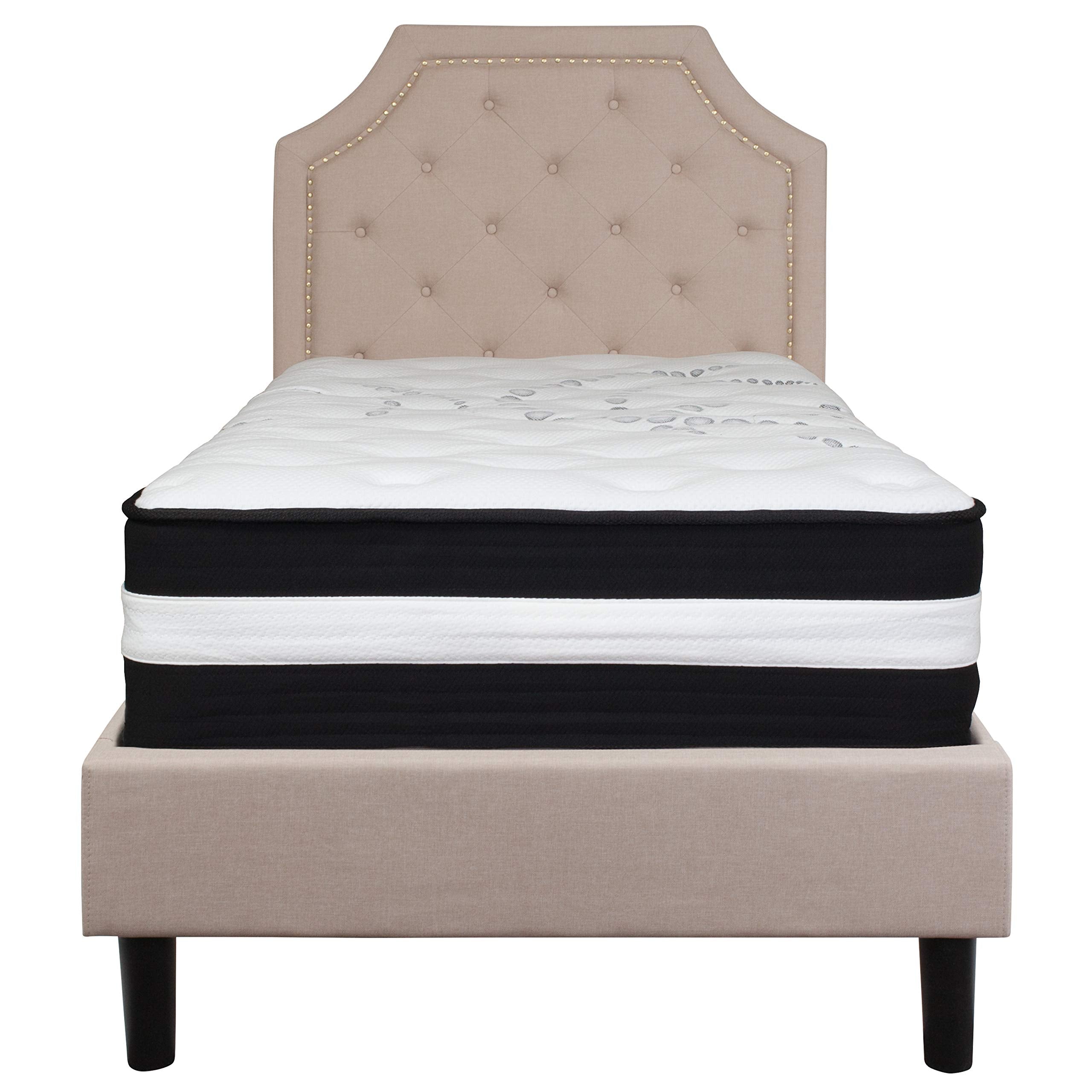 Flash Furniture Brighton Twin Size Tufted Upholstered Platform Bed In Beige Fabric With Pocket Spring Mattress