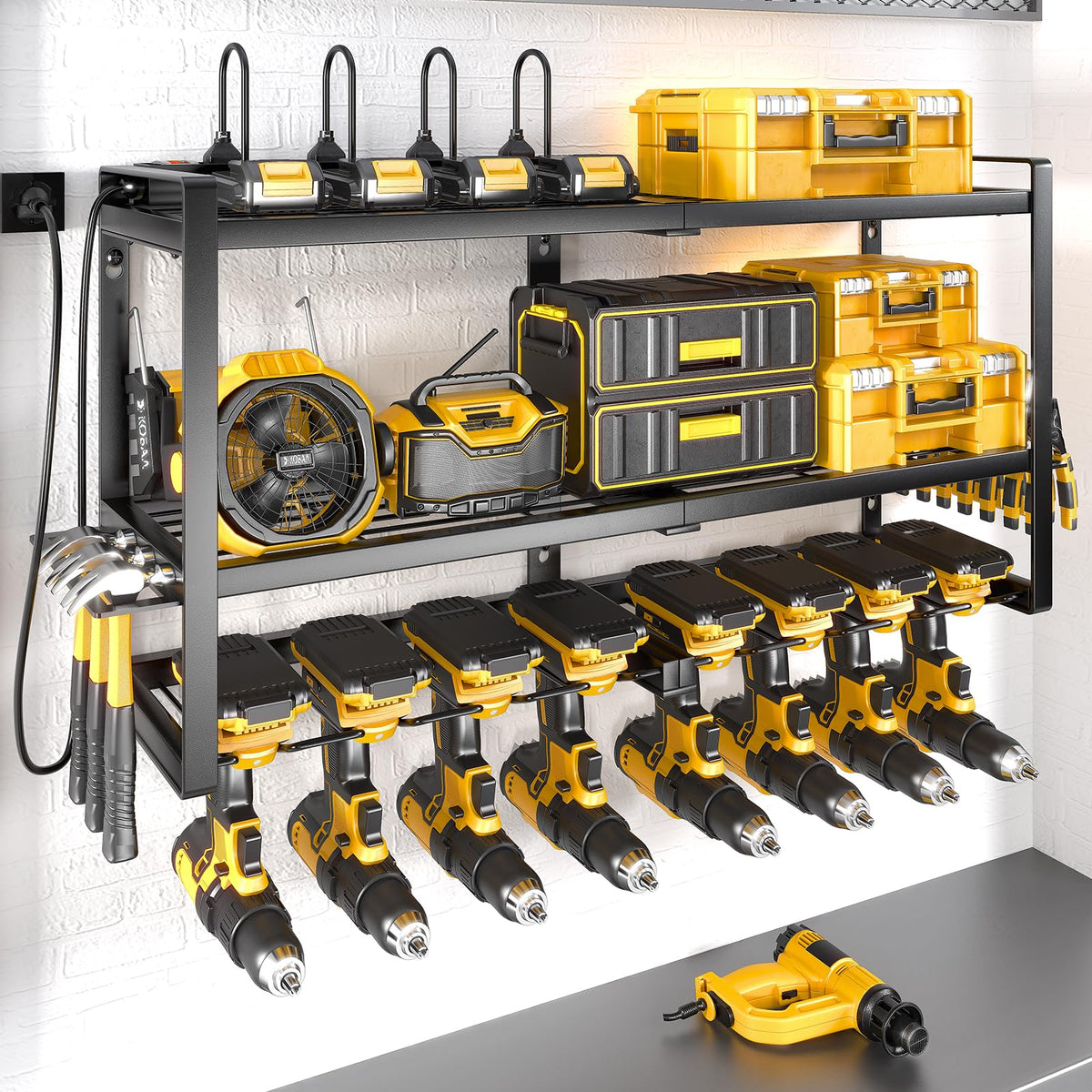 Soyeeze Power Tool Organizer With Charging Station,Garage Heavy Duty Tool Storage Rack Built In 8 Outlet Power Strip, Drill Hold