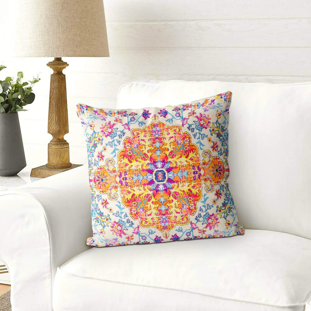 Snycler Orange Blue Ethnic Boho Pillow Covers 16X16 In Boho Carpet Cream Coral Floral Decorative Couch Pillow Cases With Zipper