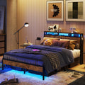 Bestier Queen Size Bed Frame with Headboard and Storage, Dual LED Platform Bed Frame with Charging Station, Non-Slip Metal Bed F