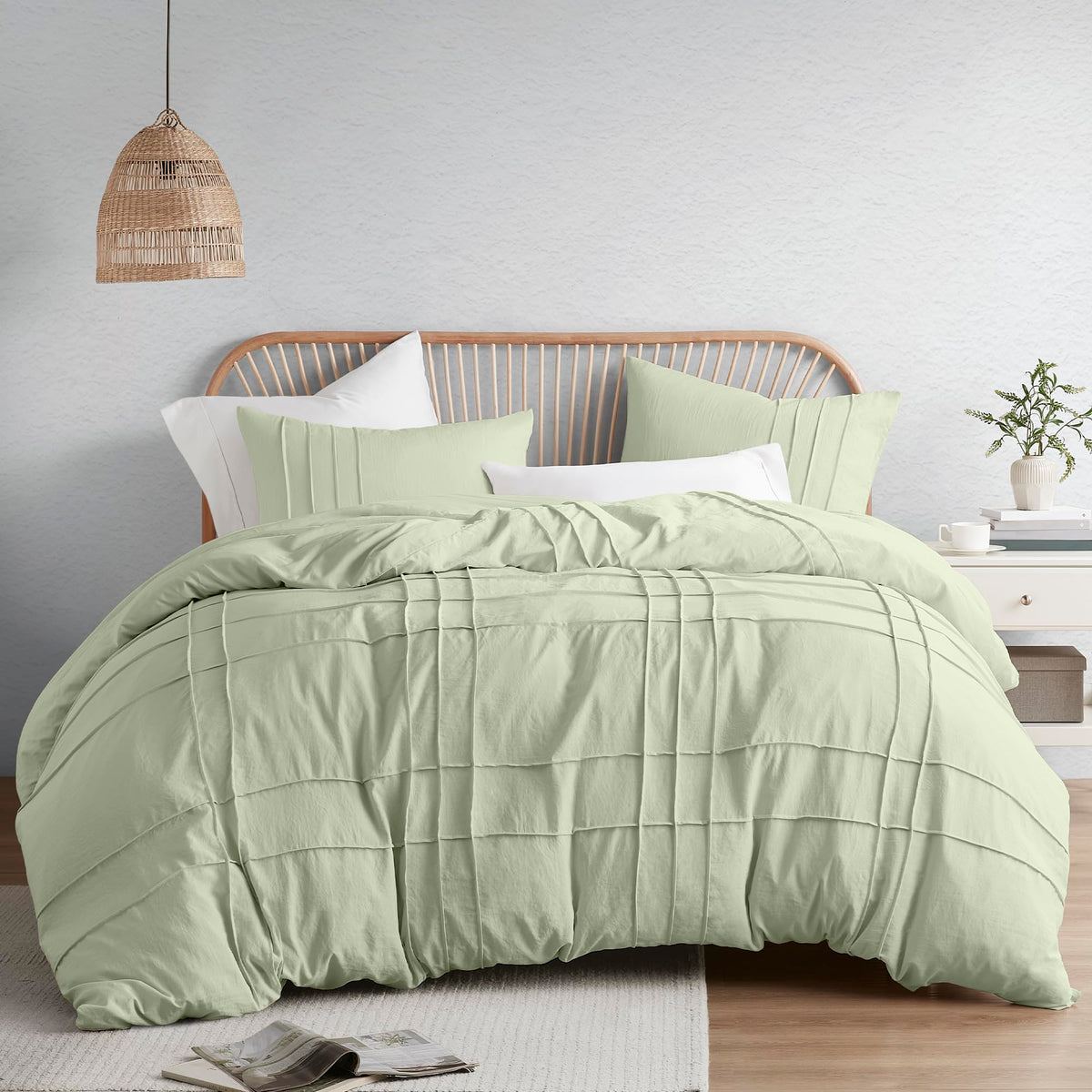Comfort Spaces Sage Cal King Size Duvet Cover Set - 3-Pc Pintuck Pleated Duvet Cover, All Season Lightweight, Extra Softness Pre