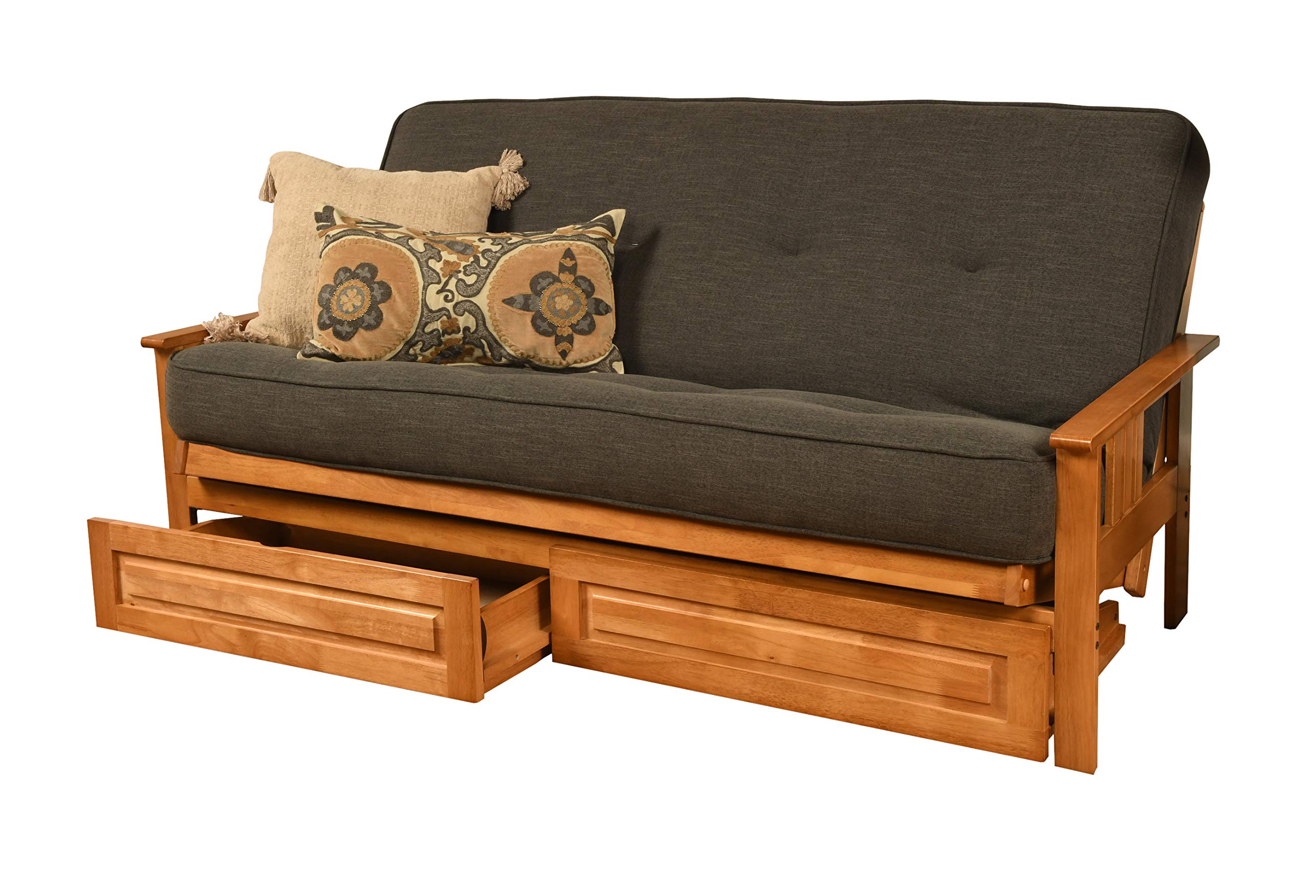 Kodiak Furniture Monterey Futon Set With Storage Drawers, With Butternut Base And Linen Charcoal Mattress