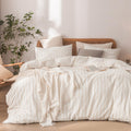 BESTOUCH Duvet Cover Set 100% Washed Cotton Linen Feel Super Soft Comfortable Chic Lightweight 3 PCs Home Bedding Set White & Al