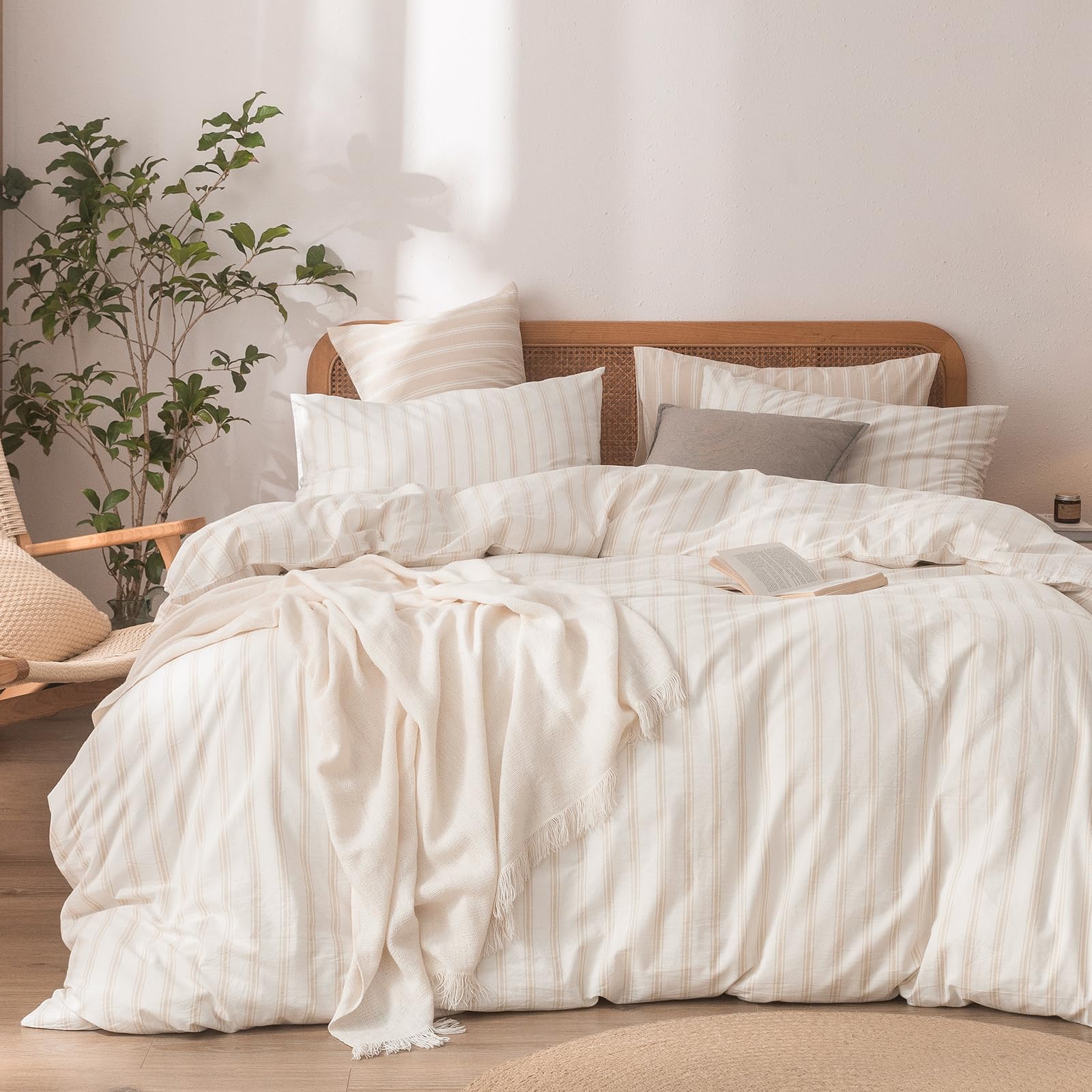 BESTOUCH Duvet Cover Set 100% Washed Cotton Linen Feel Super Soft Comfortable Chic Lightweight 3 PCs Home Bedding Set White & Al