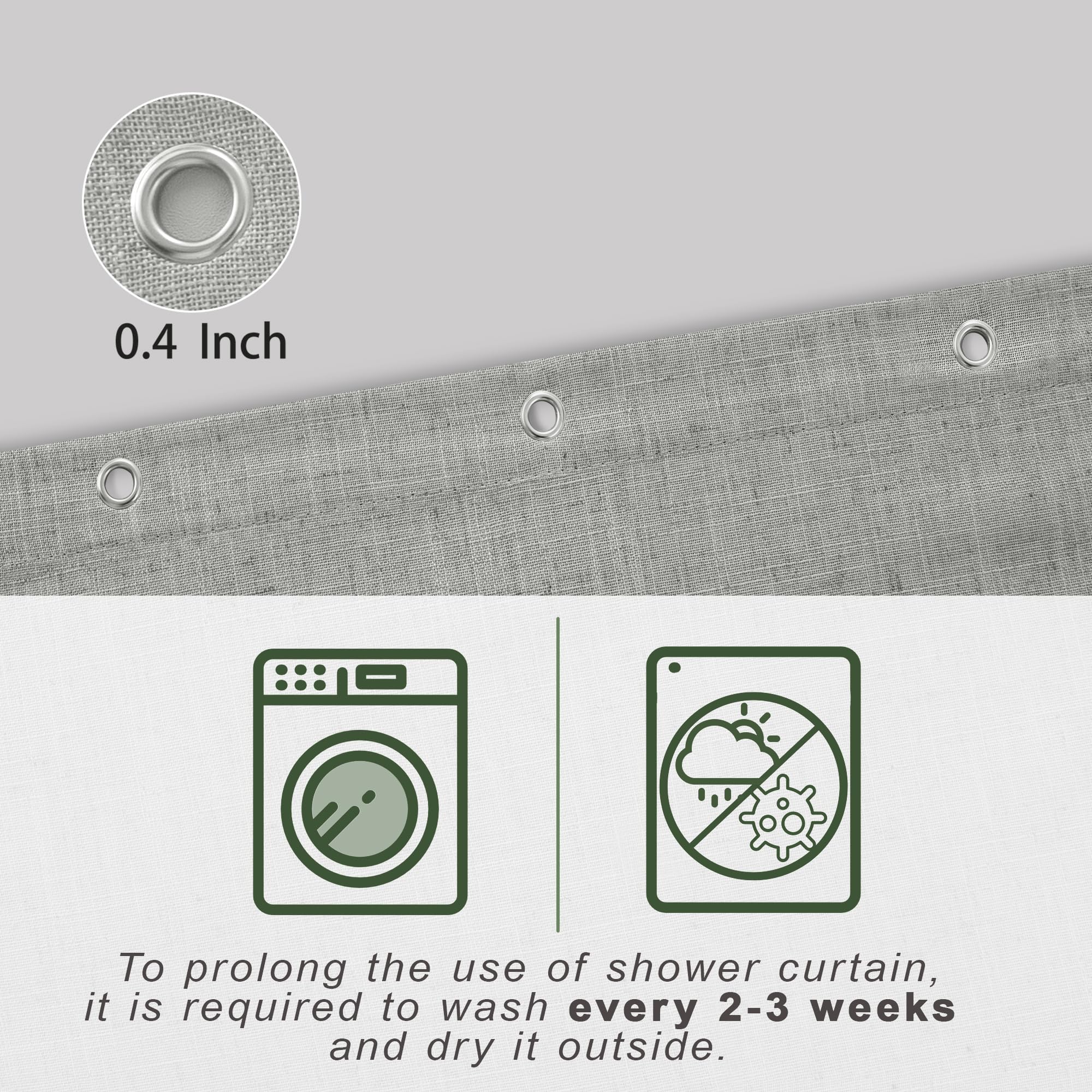 Koufall Grey Waterproof Linen Fabric Shower Curtain For Bathroom 72X80 Inches Long