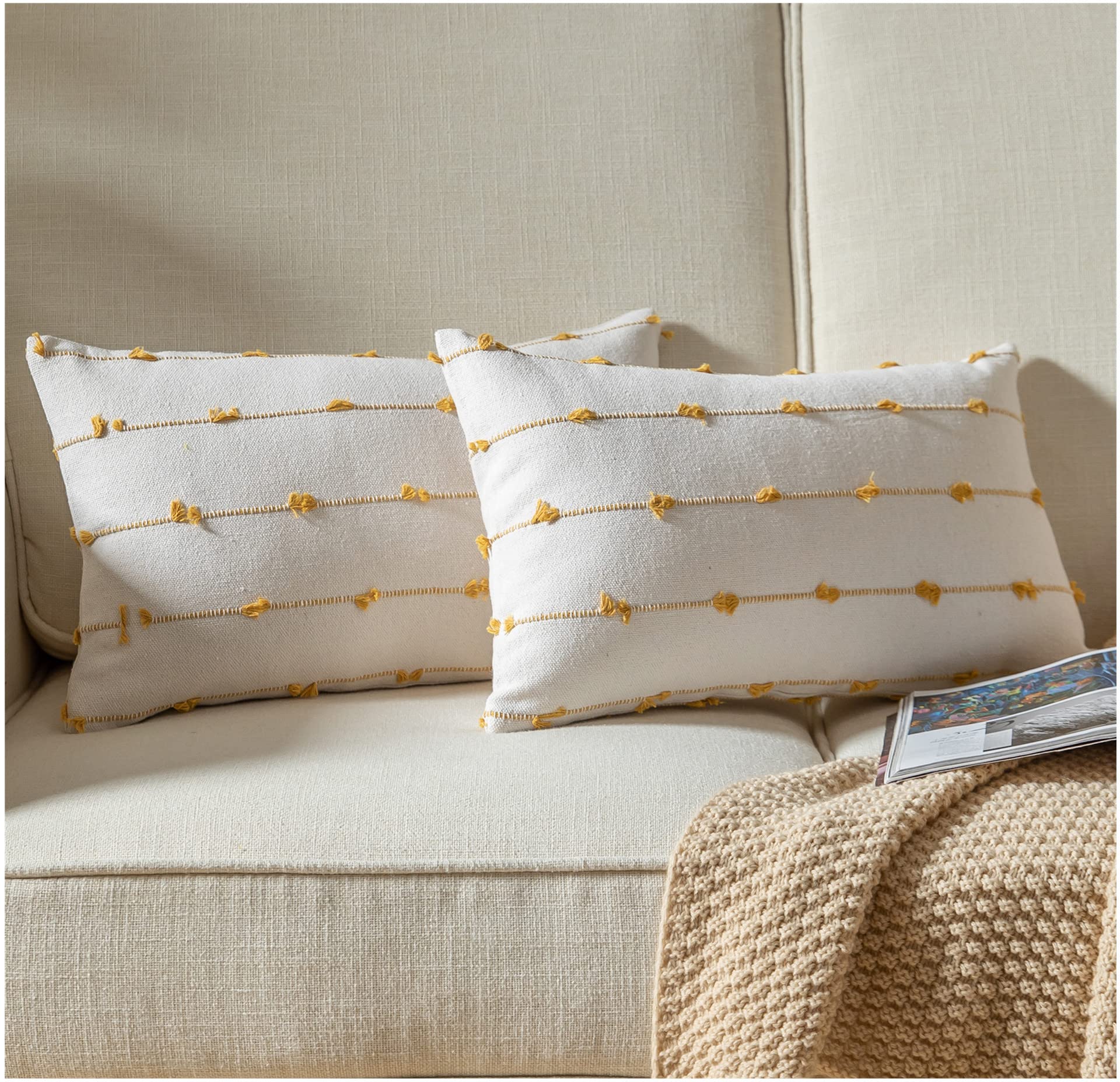 Caflife Boho Throw Pillow Covers 12X20 Inches Beige And Yellow, Set Of 2 Modern Farmhouse Decorative Pillow Covers For Couch Bed