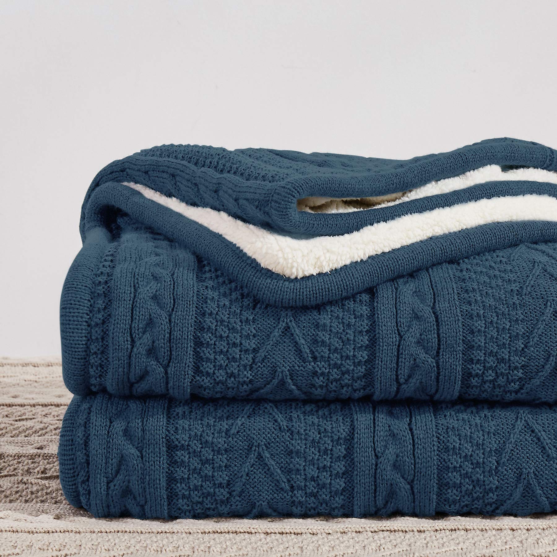 Longhui Bedding Acrylic Cable Knit Sherpa Throw Blanket - Thick, Soft, Big, Cozy Grey Blue Knitted Fleece Blankets For Couch, So
