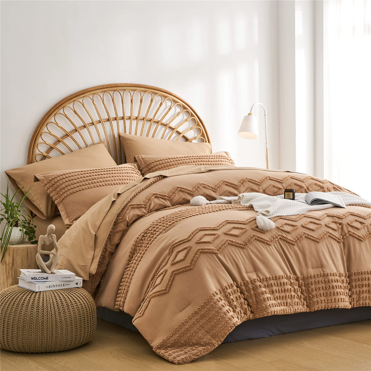 Kakijumn Khaki Tufted Comforter Set Queen Size 7 Piece Bed In A Bag, Shabby Chic Boho Comforter And Sheet Set, All Season Soft M
